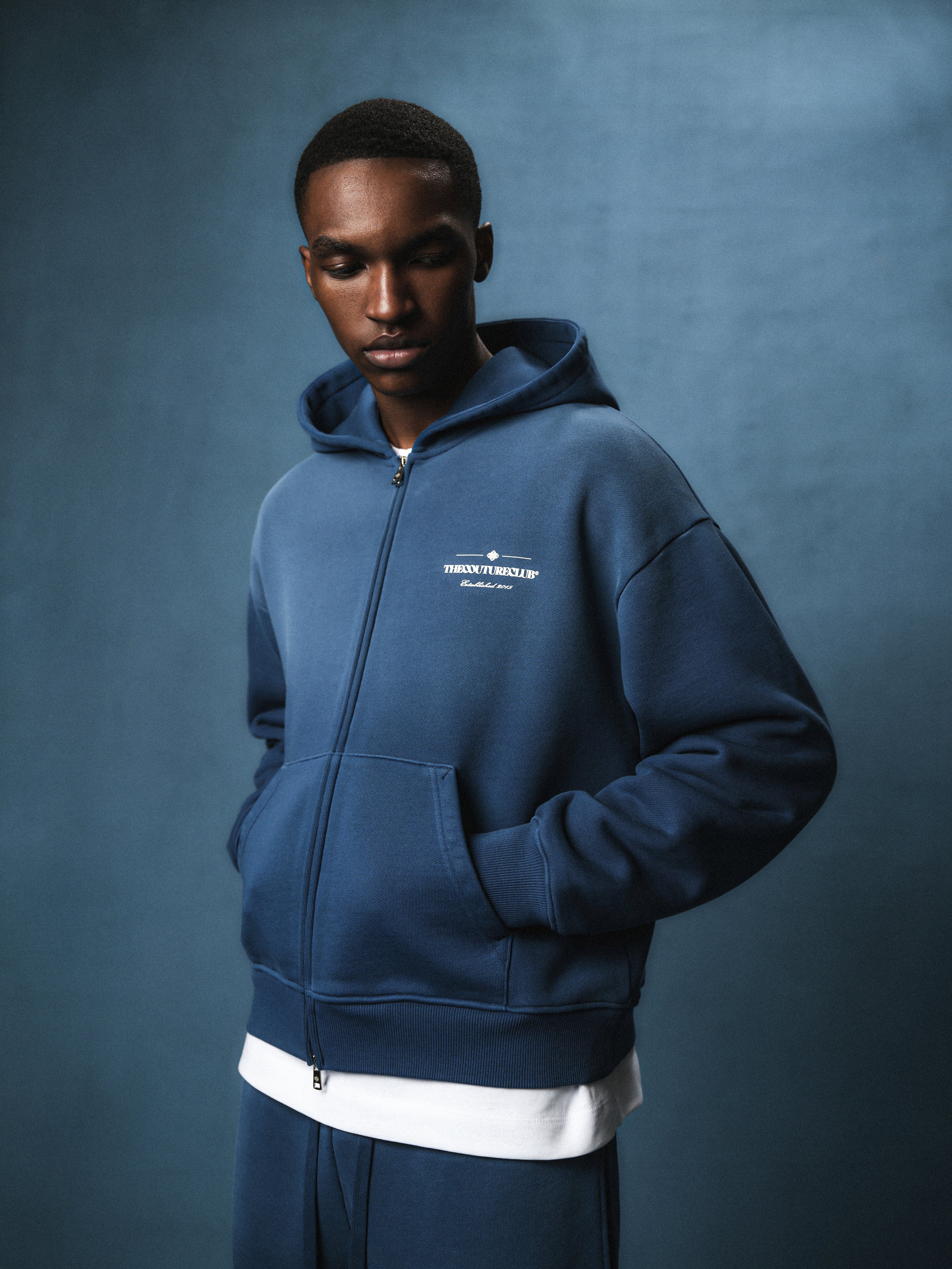 SPRAY WASH COPYRIGHT MULTI GRAPHIC ZIP THROUGH HOODIE - BLUE