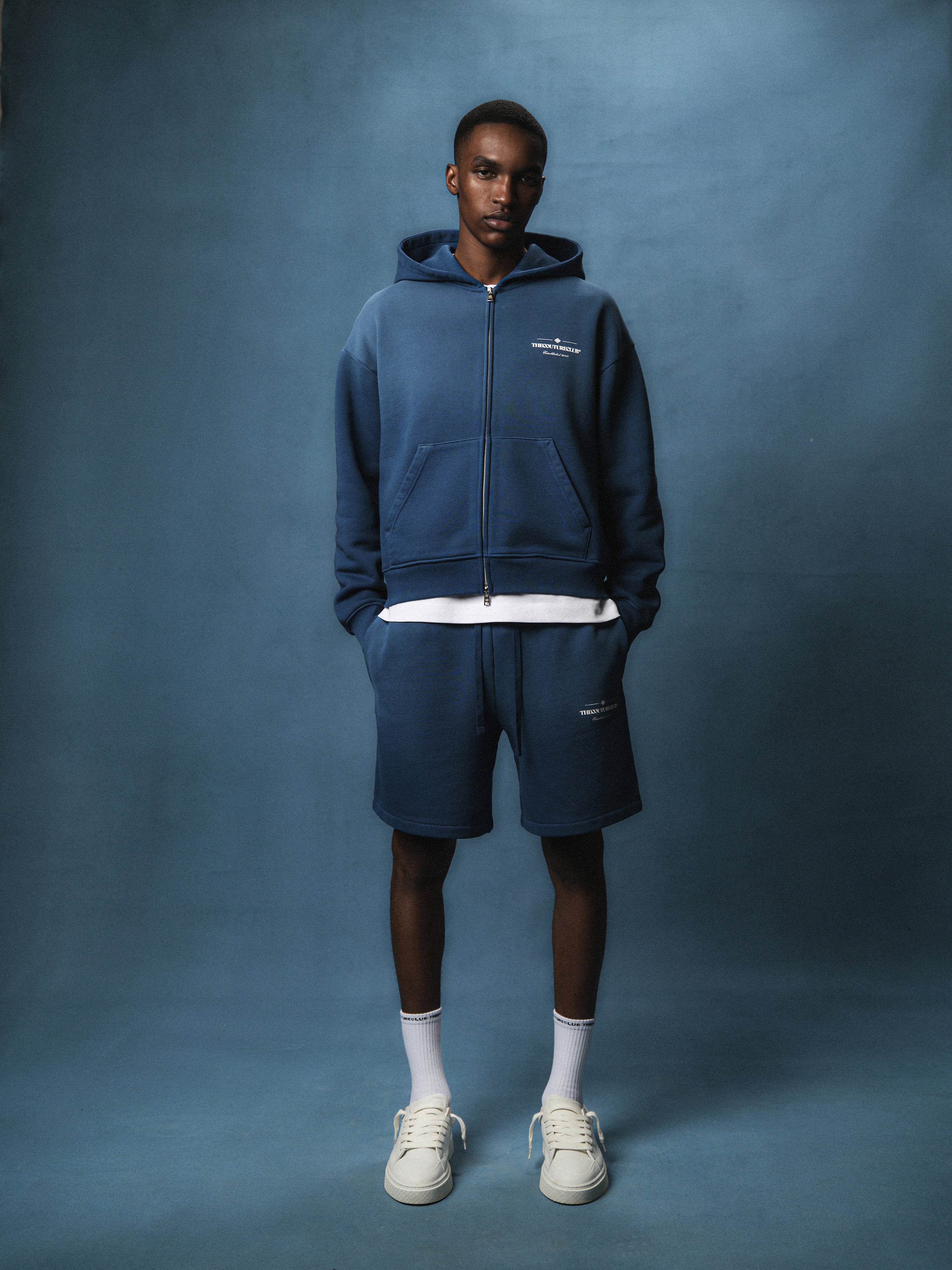 SPRAY WASH COPYRIGHT MULTI GRAPHIC ZIP THROUGH HOODIE - BLUE