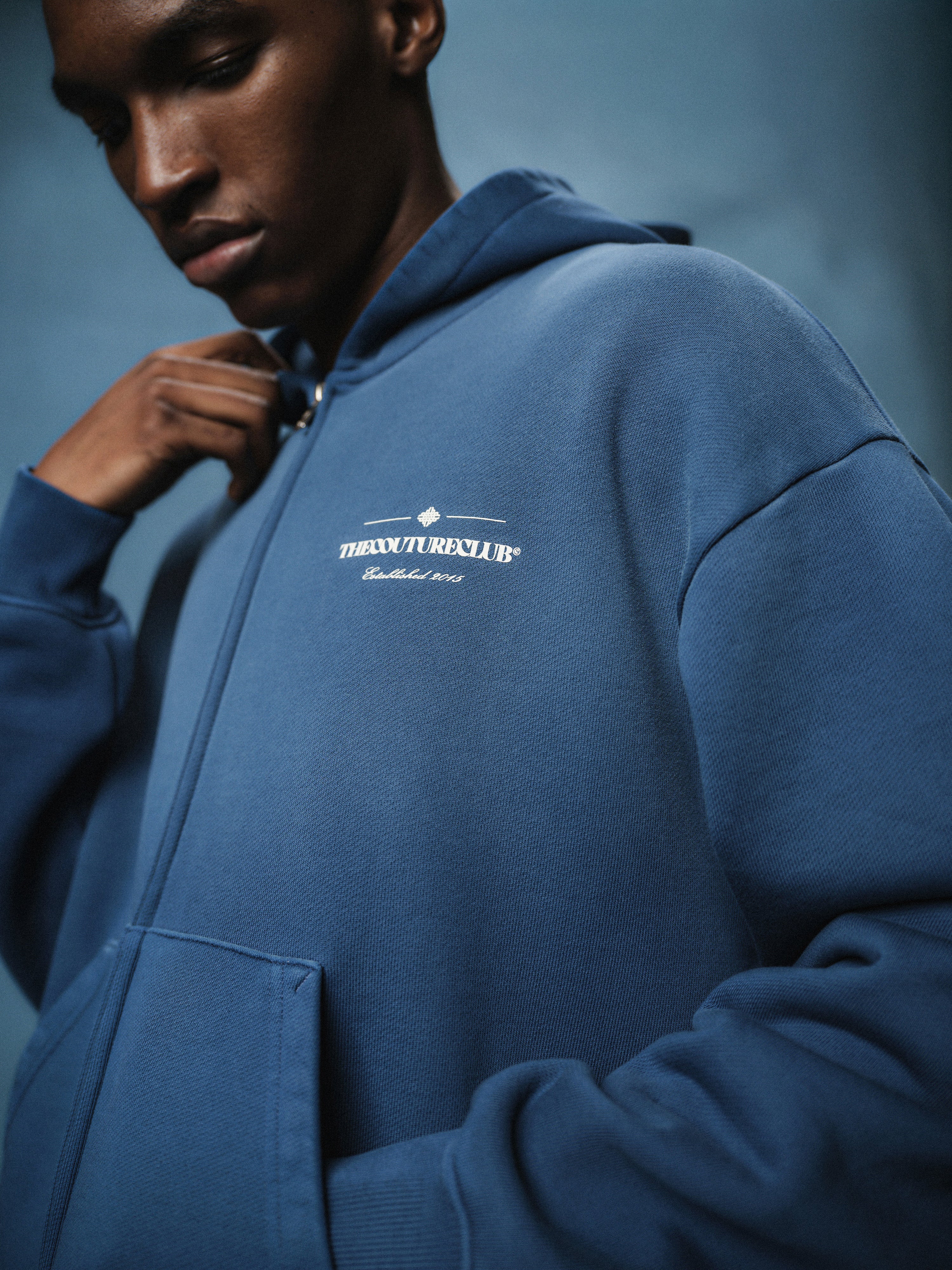 SPRAY WASH COPYRIGHT MULTI GRAPHIC ZIP THROUGH HOODIE - BLUE