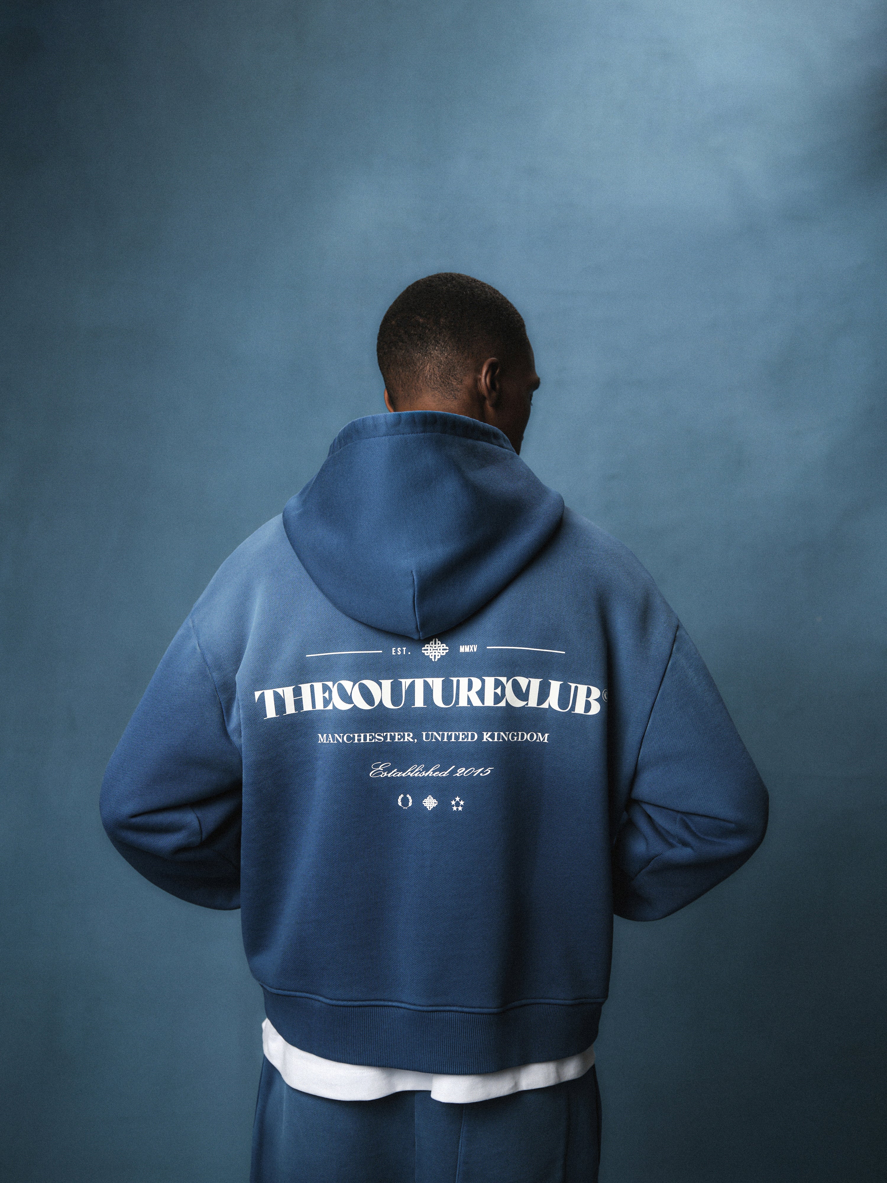SPRAY WASH COPYRIGHT MULTI GRAPHIC ZIP THROUGH HOODIE - BLUE