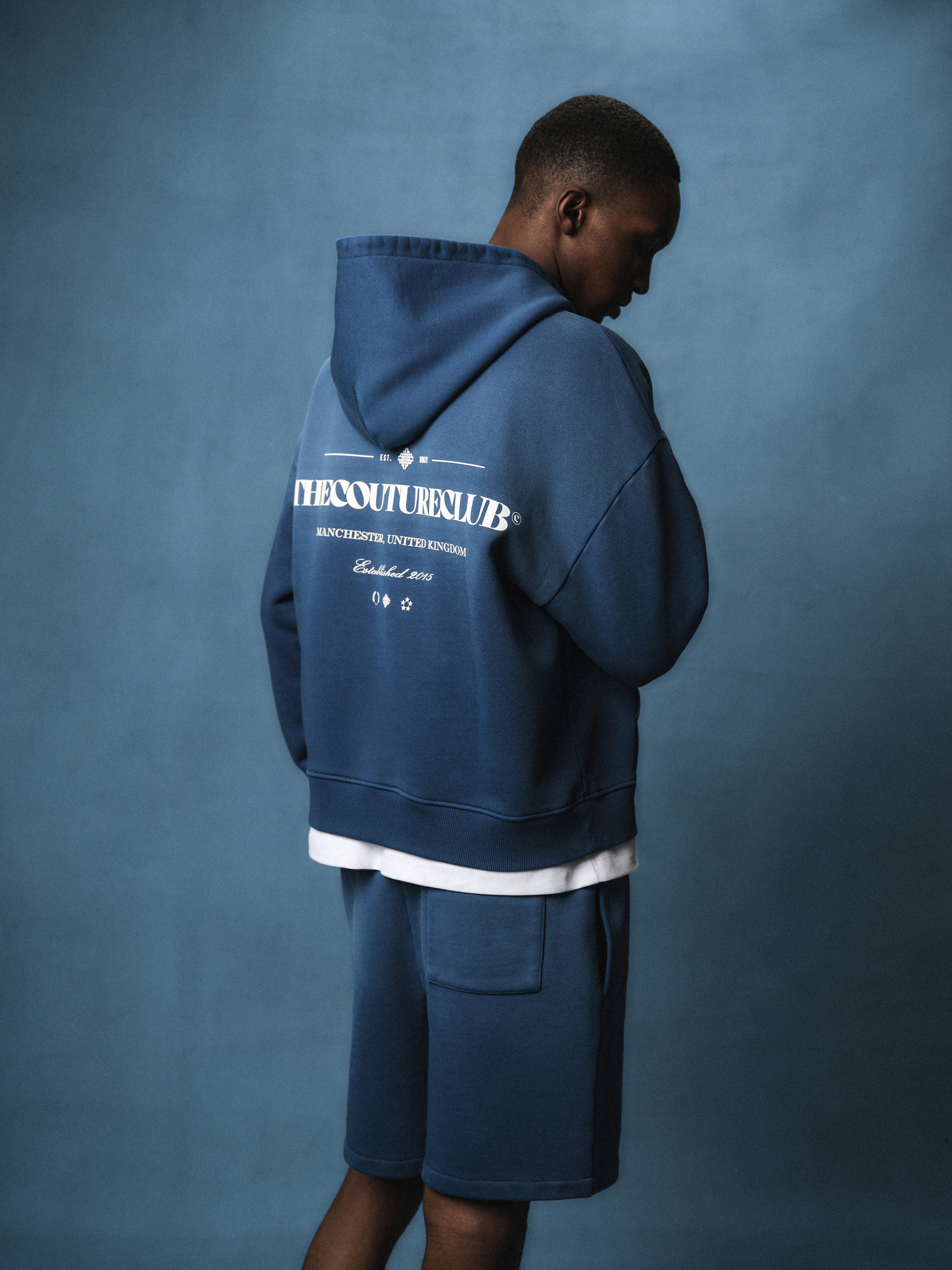 SPRAY WASH COPYRIGHT MULTI GRAPHIC ZIP THROUGH HOODIE - BLUE