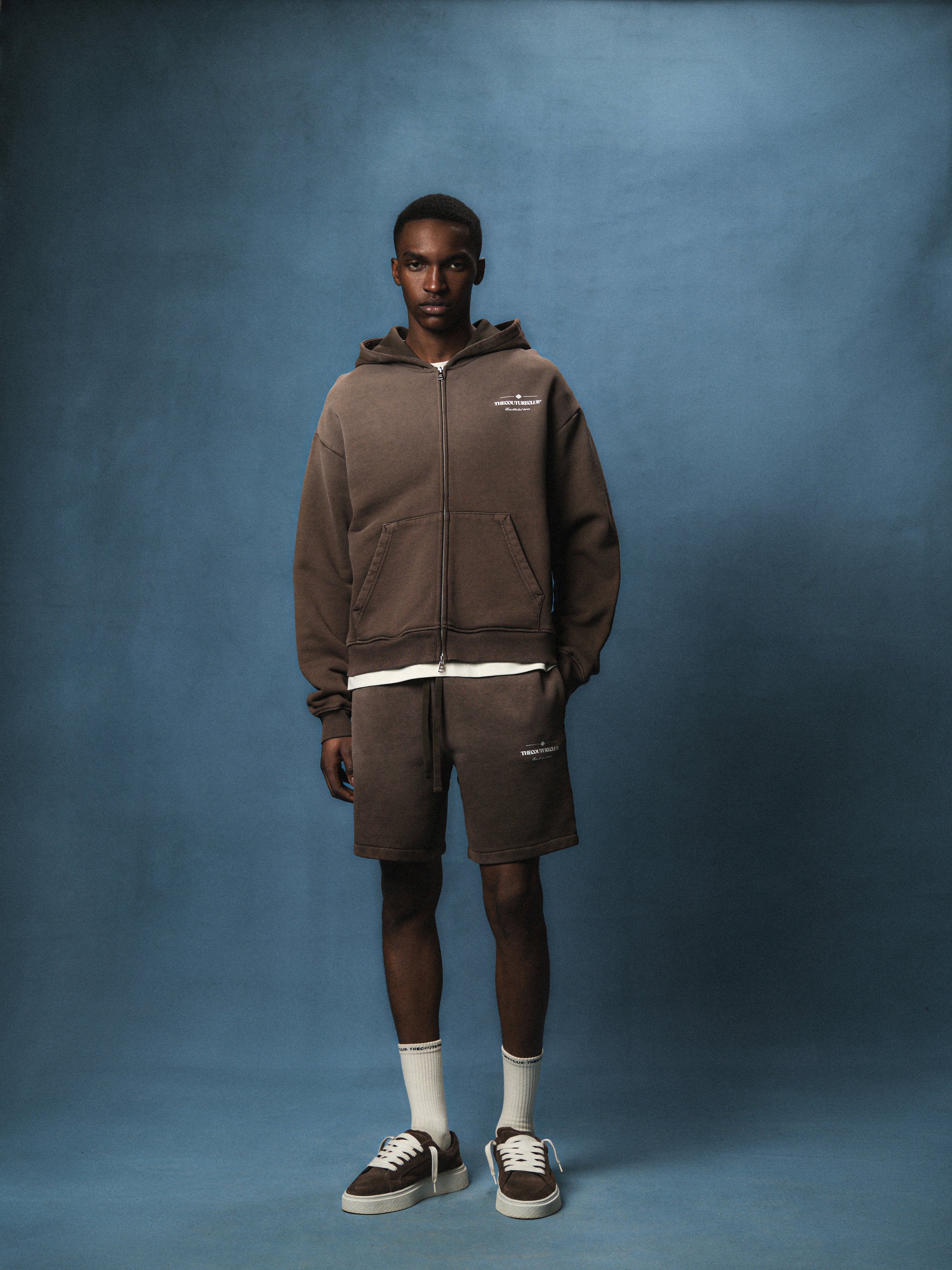 SPRAY WASH COPYRIGHT MULTI GRAPHIC ZIP THROUGH HOODIE - BROWN