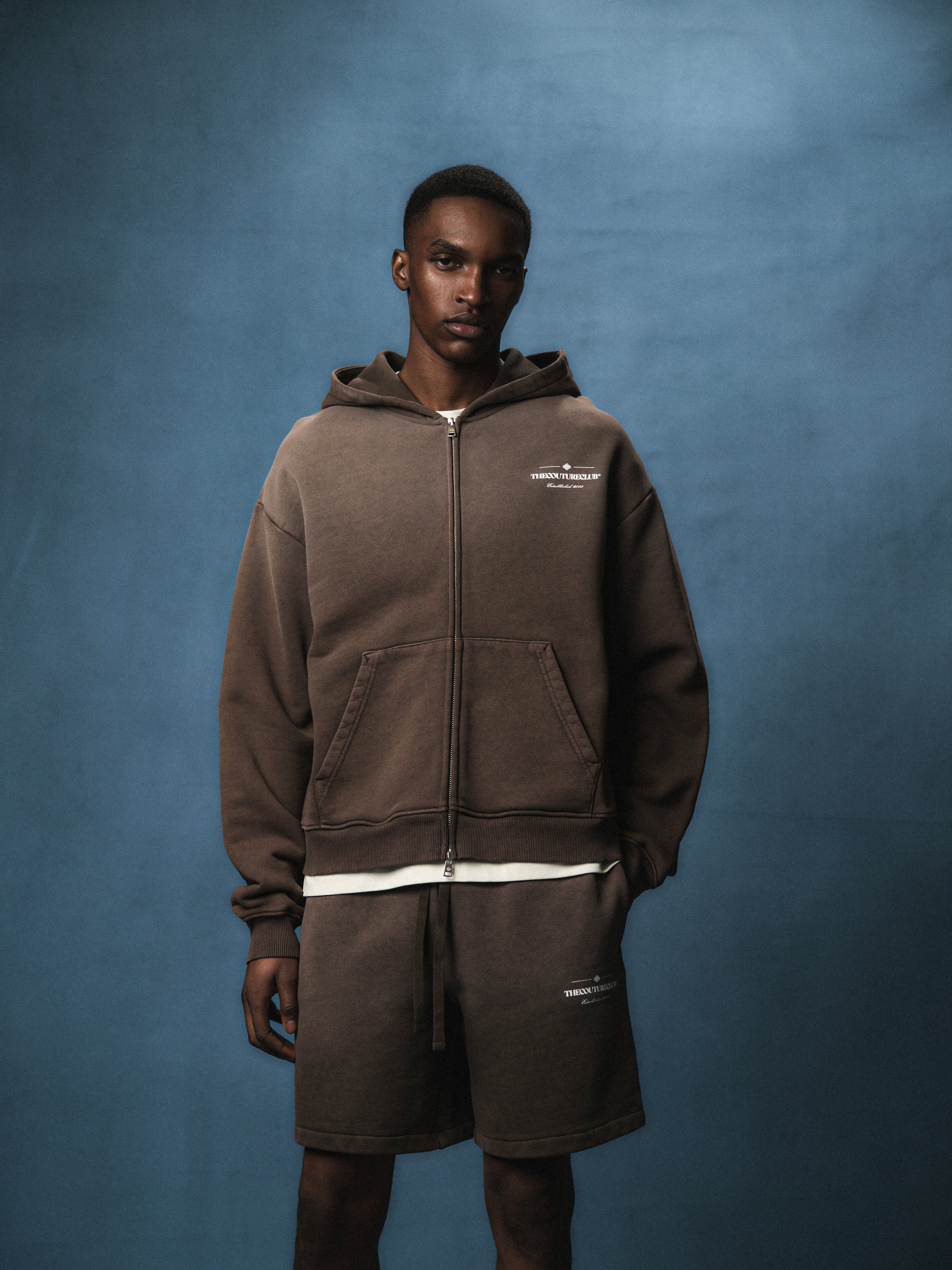 SPRAY WASH COPYRIGHT MULTI GRAPHIC ZIP THROUGH HOODIE - BROWN