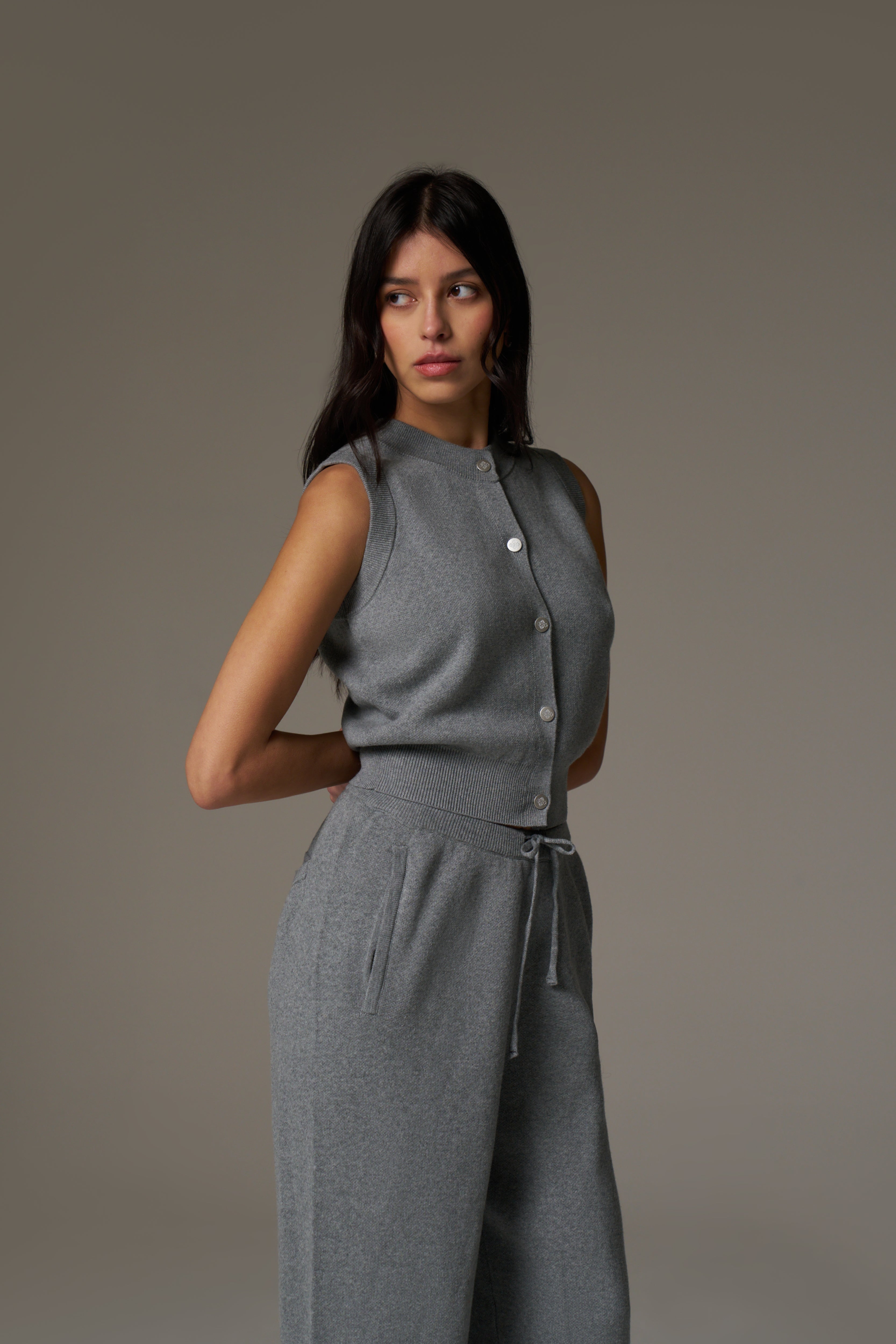 KNIT BUTTON THROUGH TOP - GREY MARL