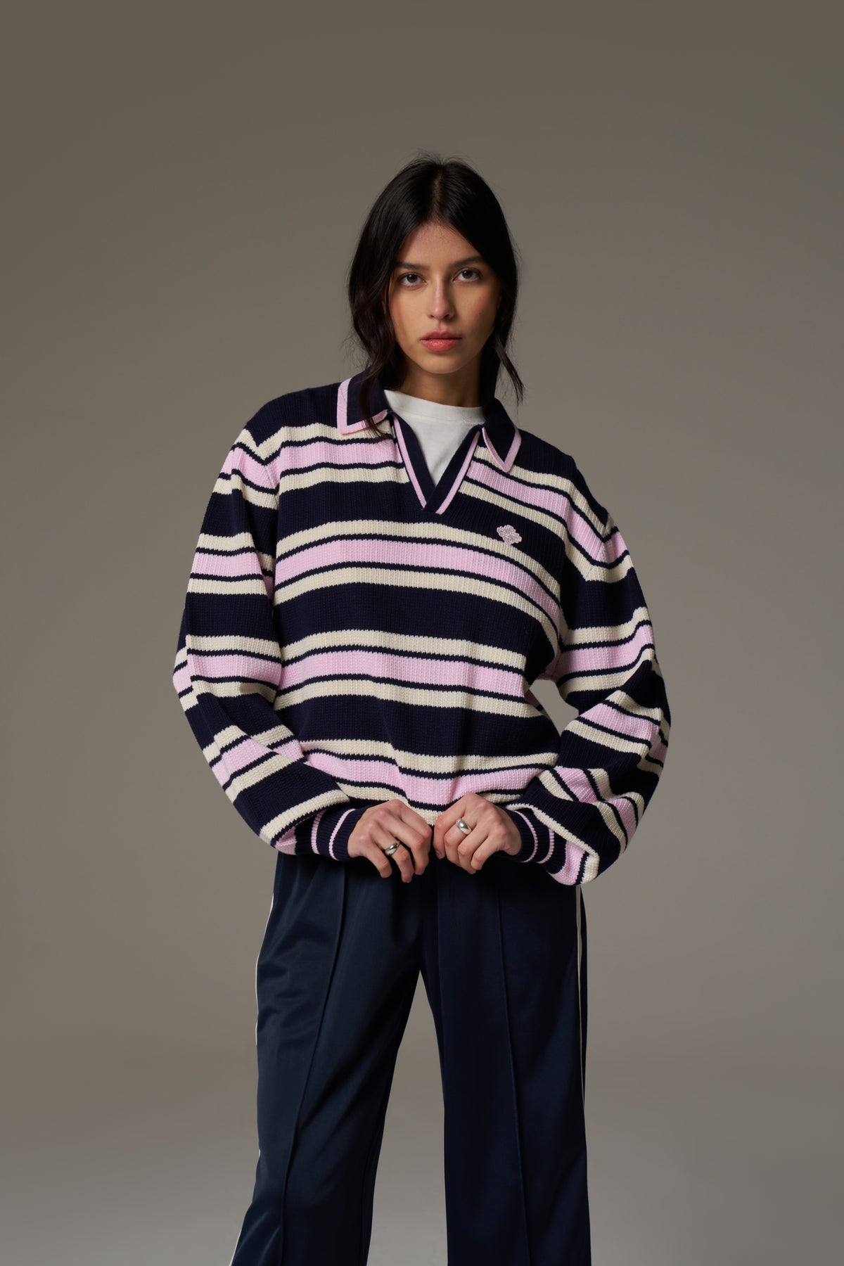 STRIPE KNITTED POLO SWEATSHIRT - NAVY