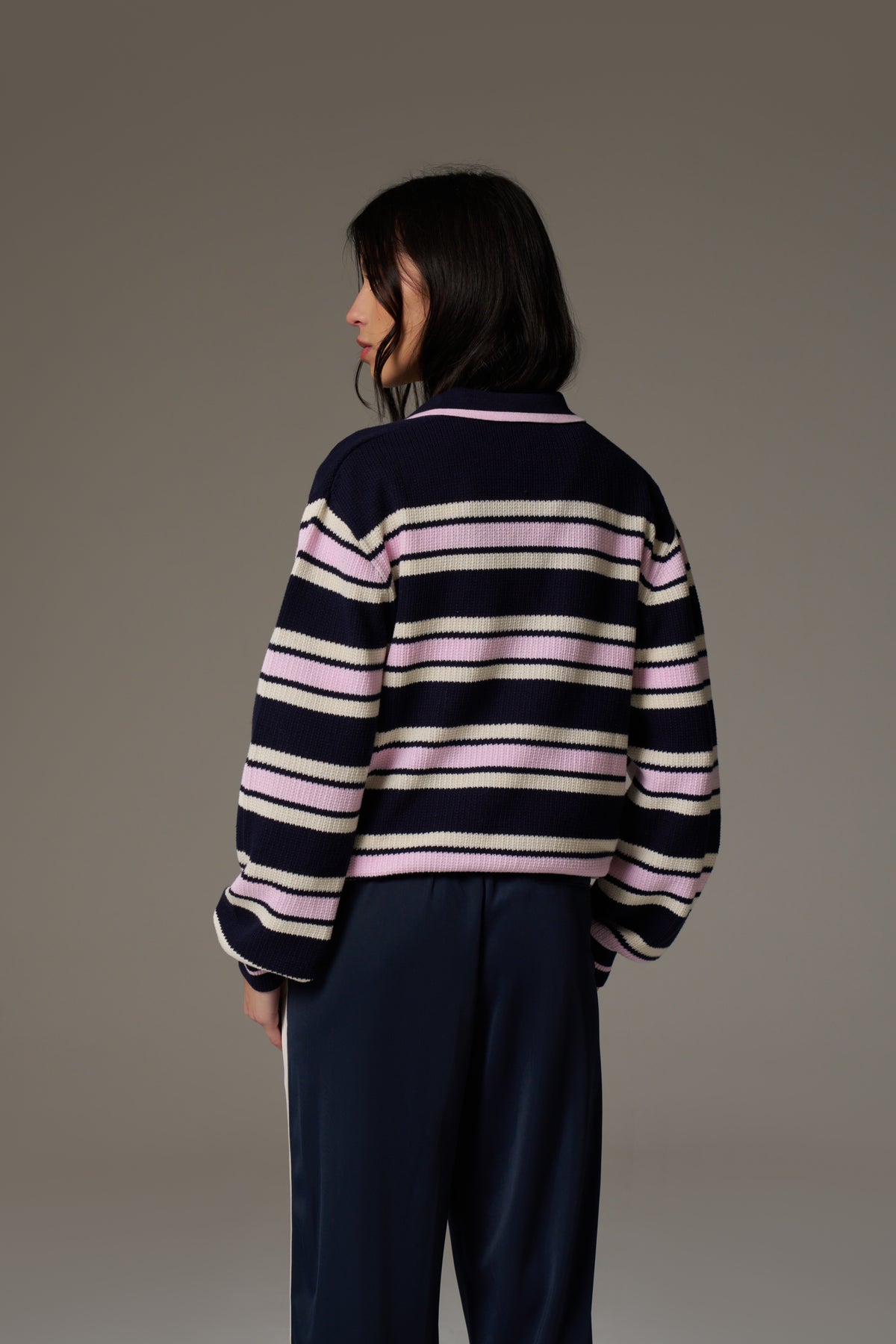 STRIPE KNITTED POLO SWEATSHIRT - NAVY