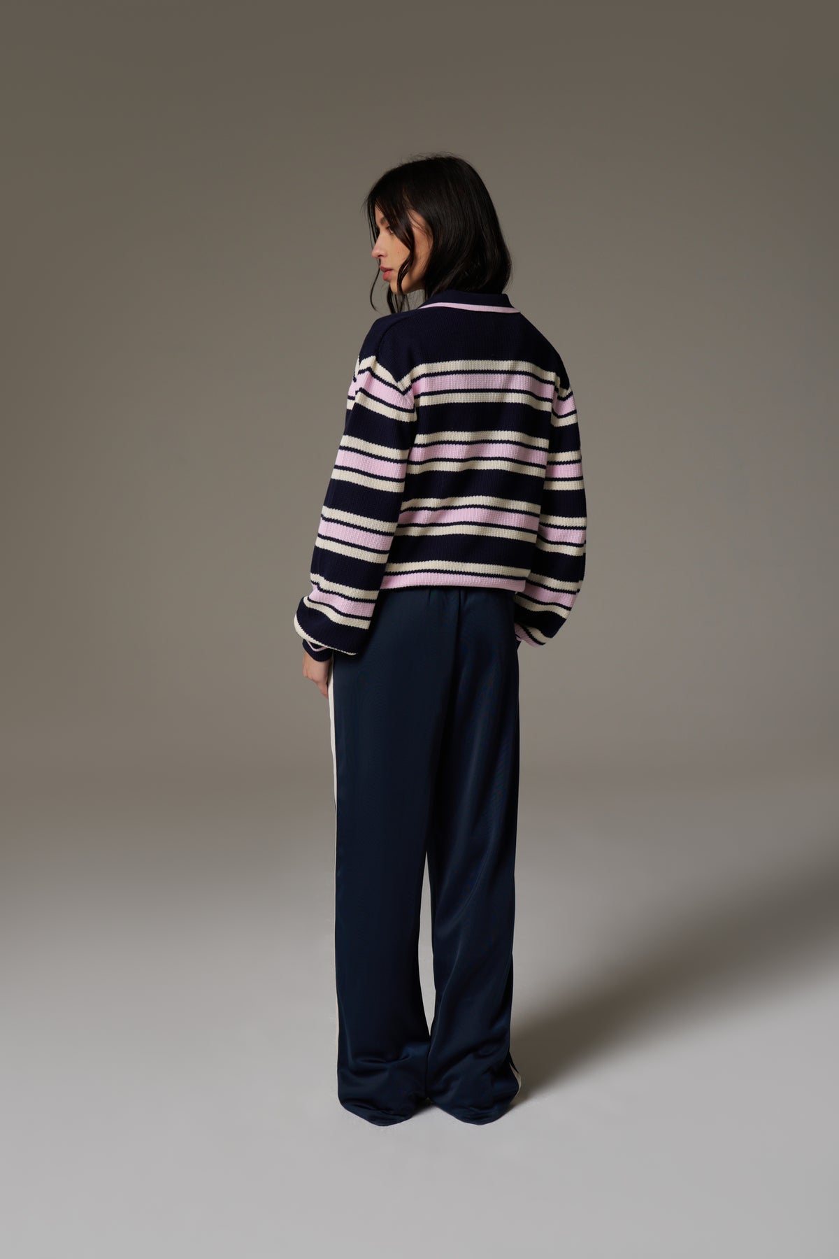 STRIPE KNITTED POLO SWEATSHIRT - NAVY