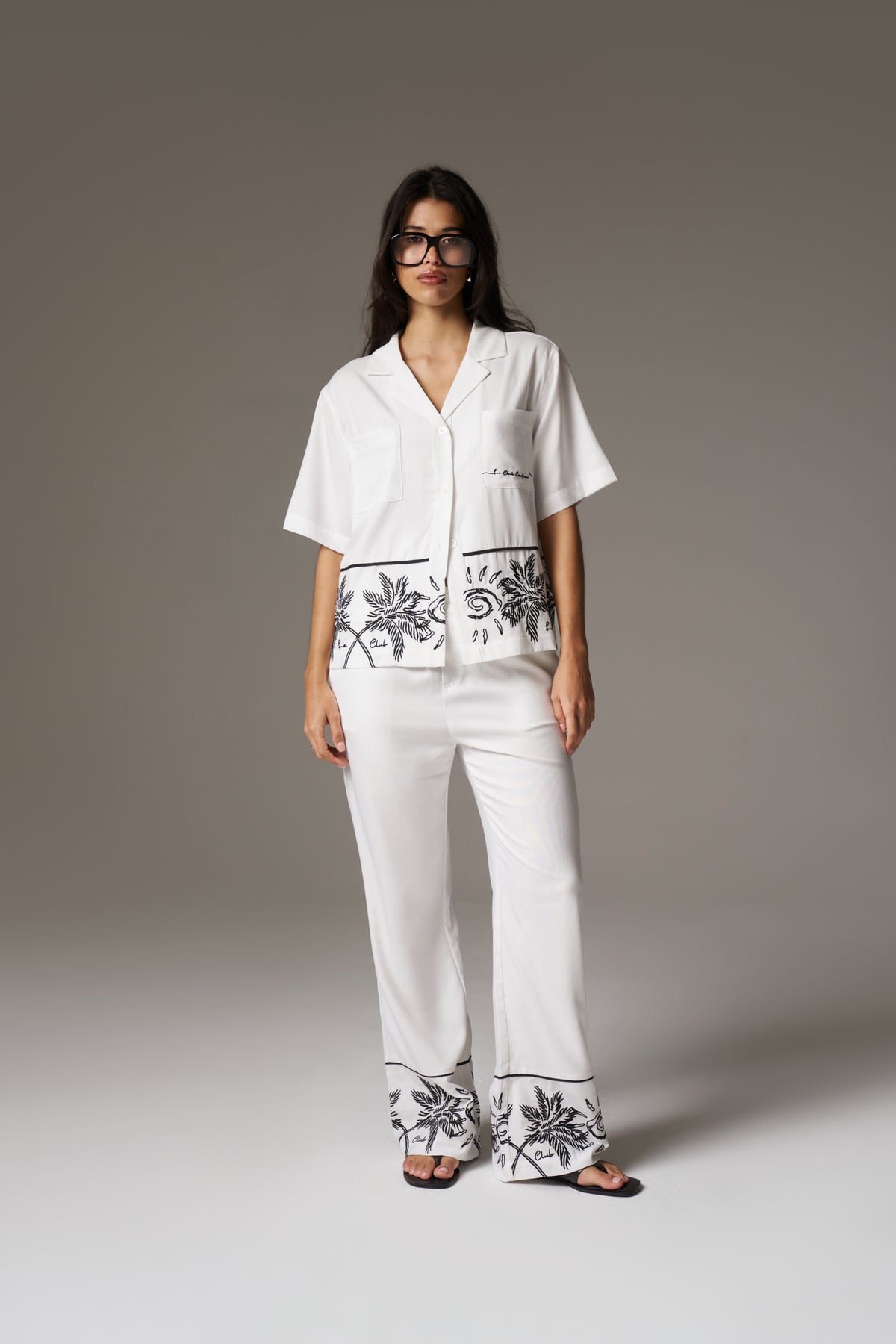 PALM EMBROIDERY WIDE LEG TROUSERS - WHITE