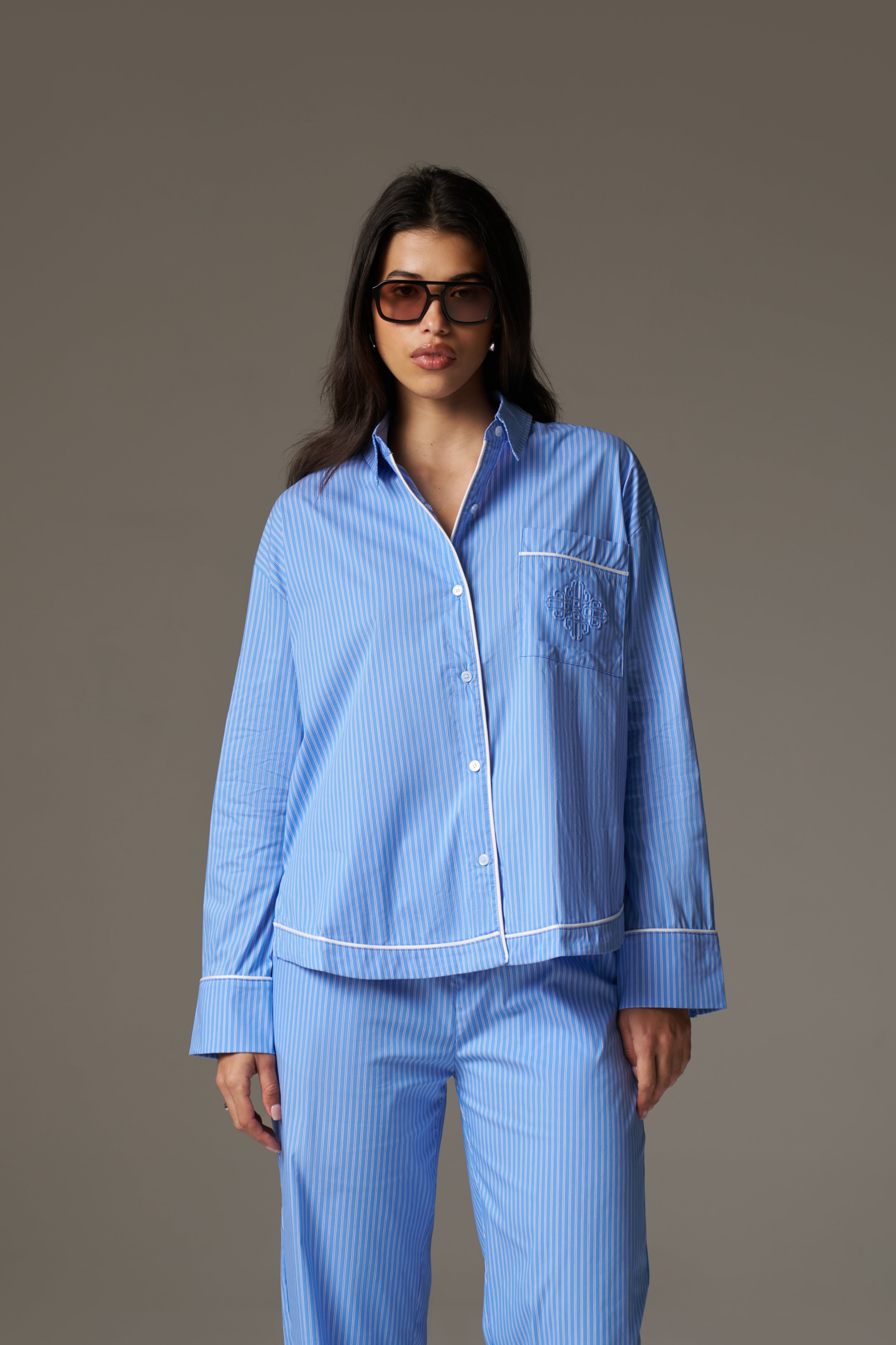 STRIPE PIPED EMBLEM SHIRT - BLUE