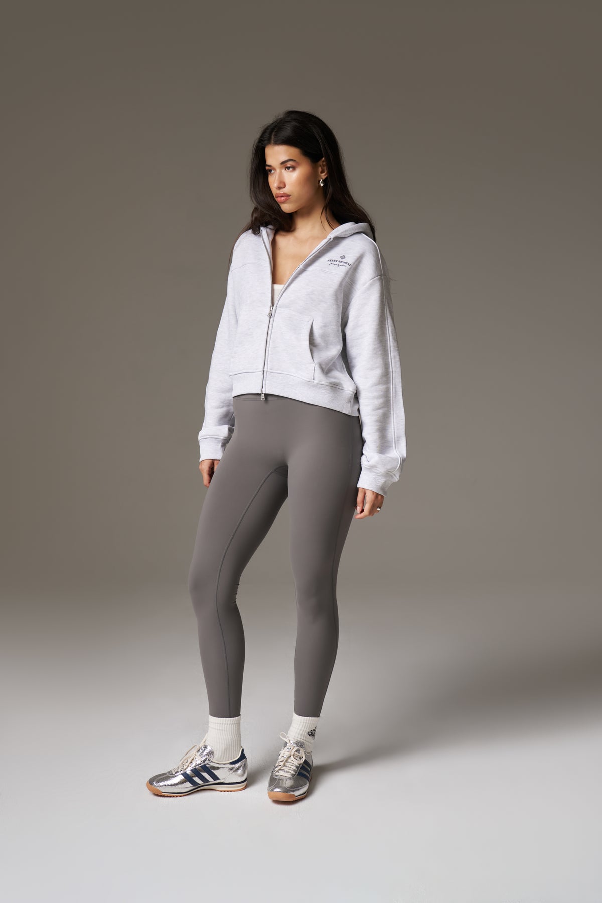 PILATES & PINOT ZIP THROUGH CROPPED HOODIE - GREY MARL