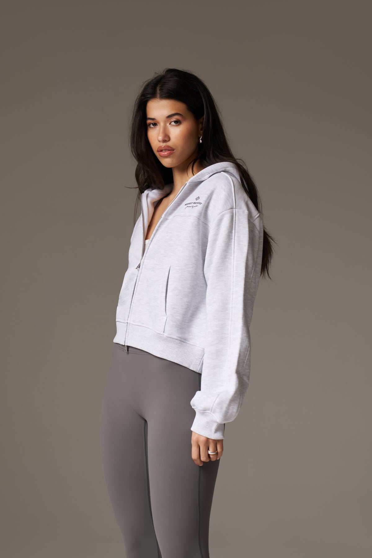 PILATES & PINOT ZIP THROUGH CROPPED HOODIE - GREY MARL