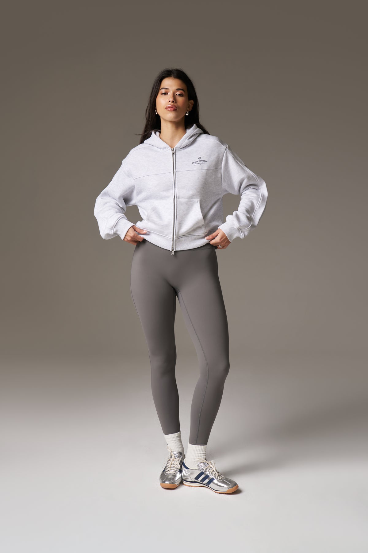 PILATES & PINOT ZIP THROUGH CROPPED HOODIE - GREY MARL