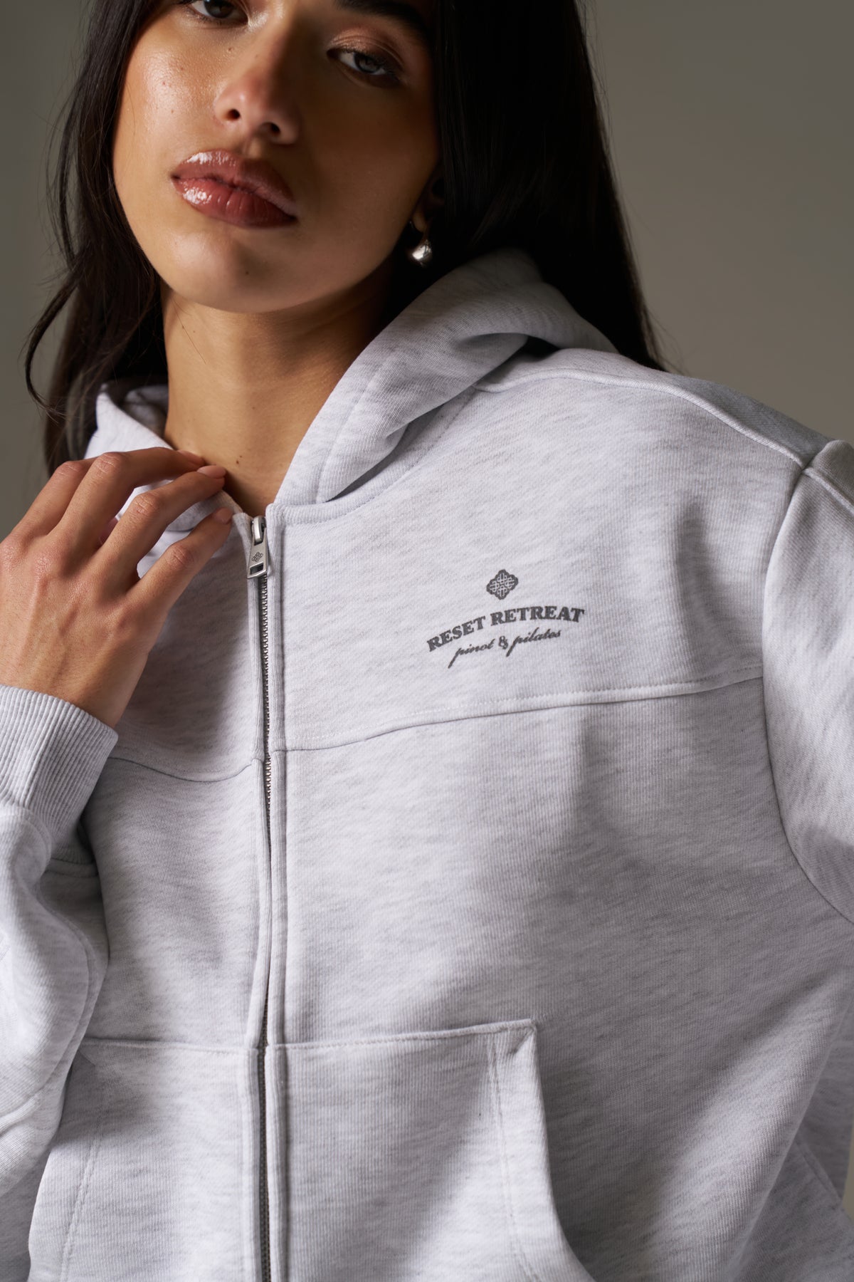 PILATES & PINOT ZIP THROUGH CROPPED HOODIE - GREY MARL
