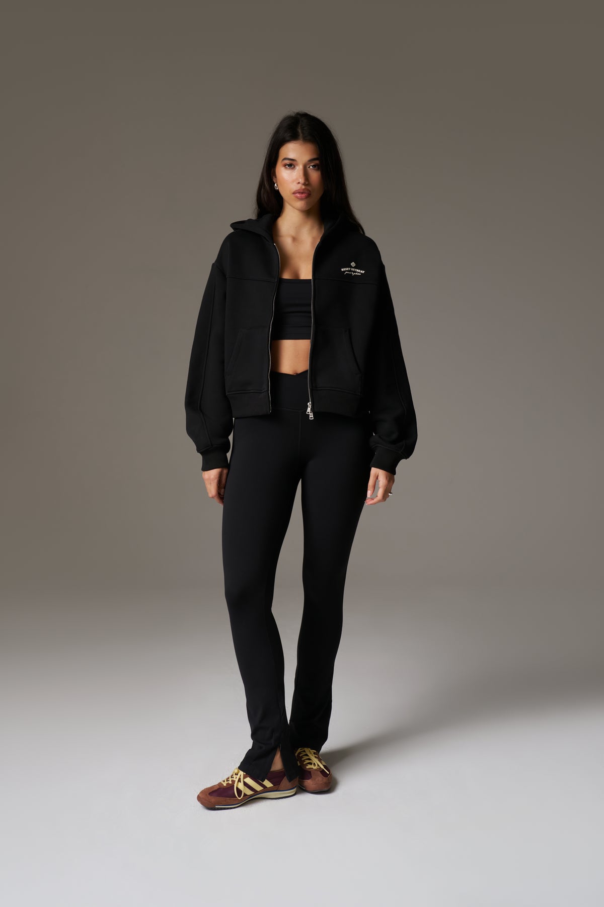 PILATES & PINOT ZIP THROUGH CROPPED HOODIE - BLACK