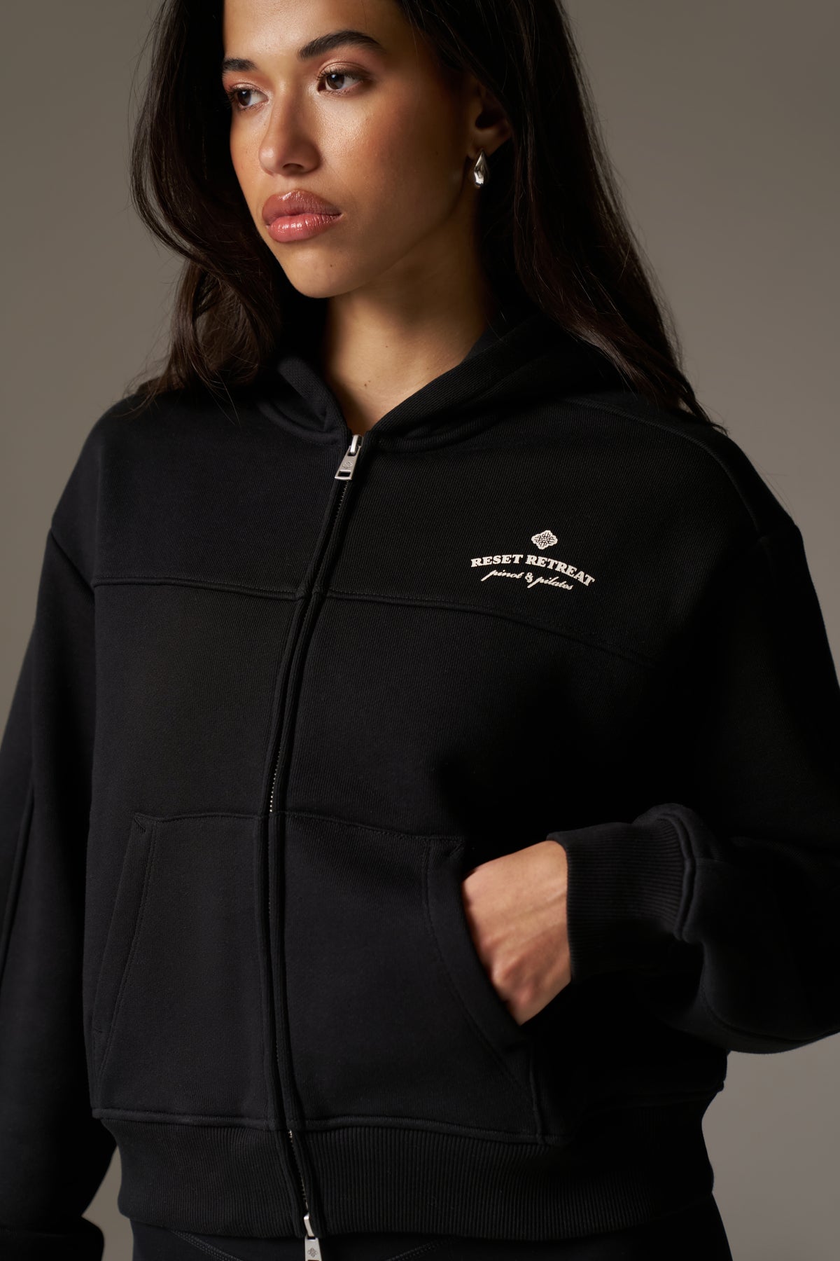 PILATES & PINOT ZIP THROUGH CROPPED HOODIE - BLACK