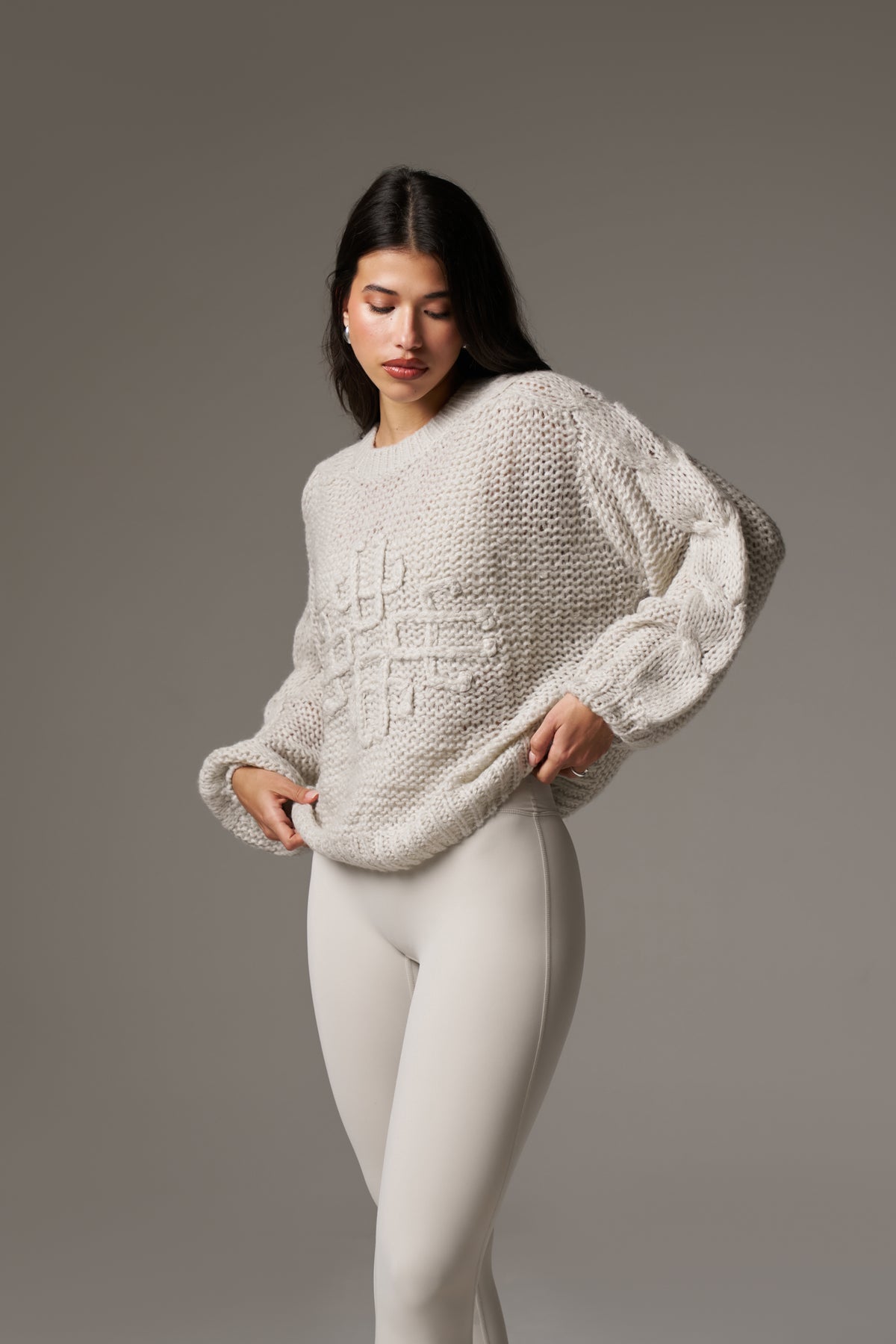 EMBLEM PLAITED OVERSIZED KNIT JUMPER - STONE