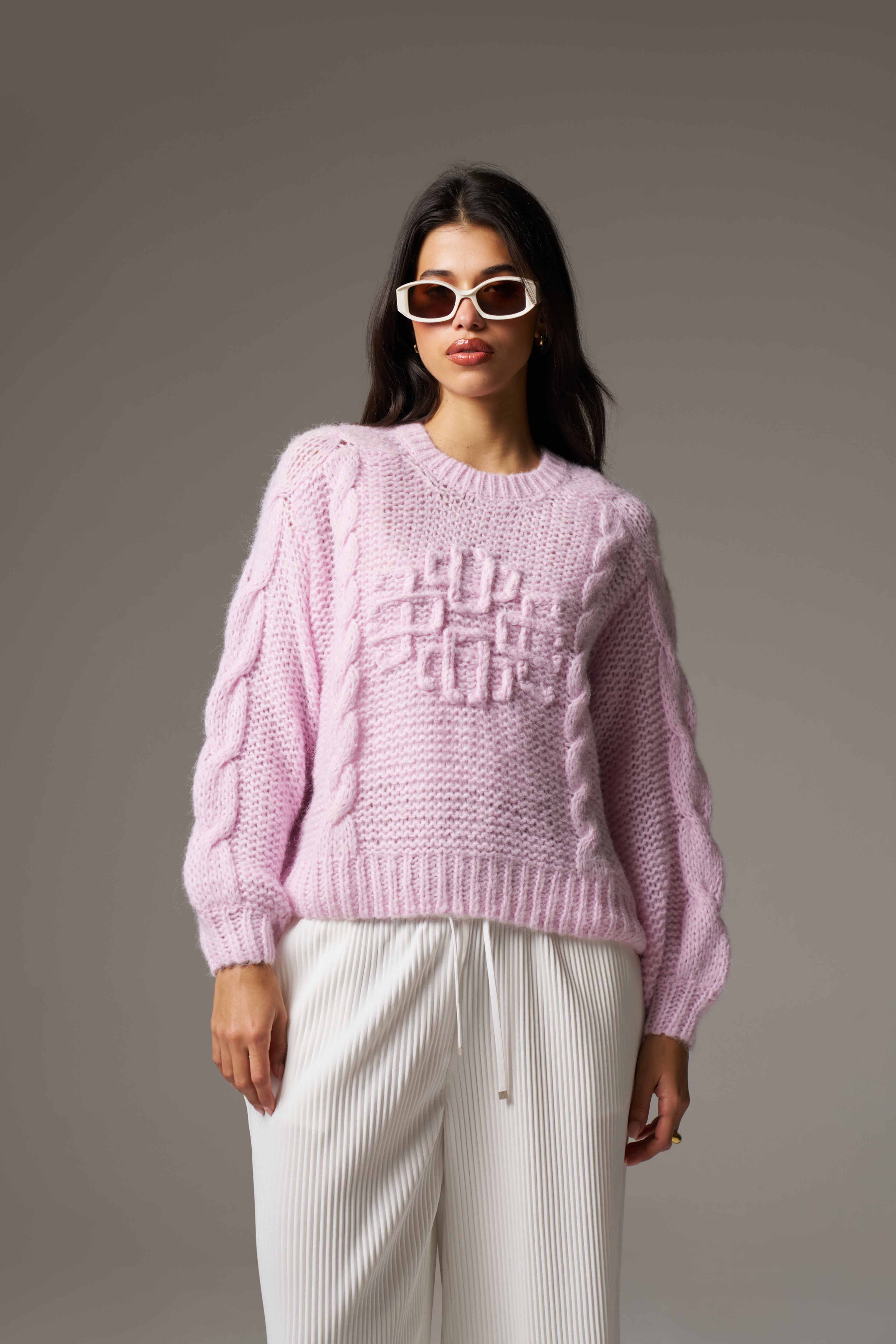 EMBLEM PLAITED OVERSIZED KNIT JUMPER - PINK – The Couture Club EMBLEM PLAITED OVERSIZED KNIT JUMPER - PINK – The Couture Club