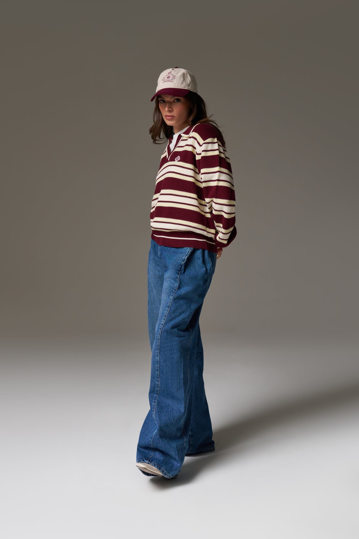 STRIPE KNITTED POLO SWEATSHIRT - BURGUNDY