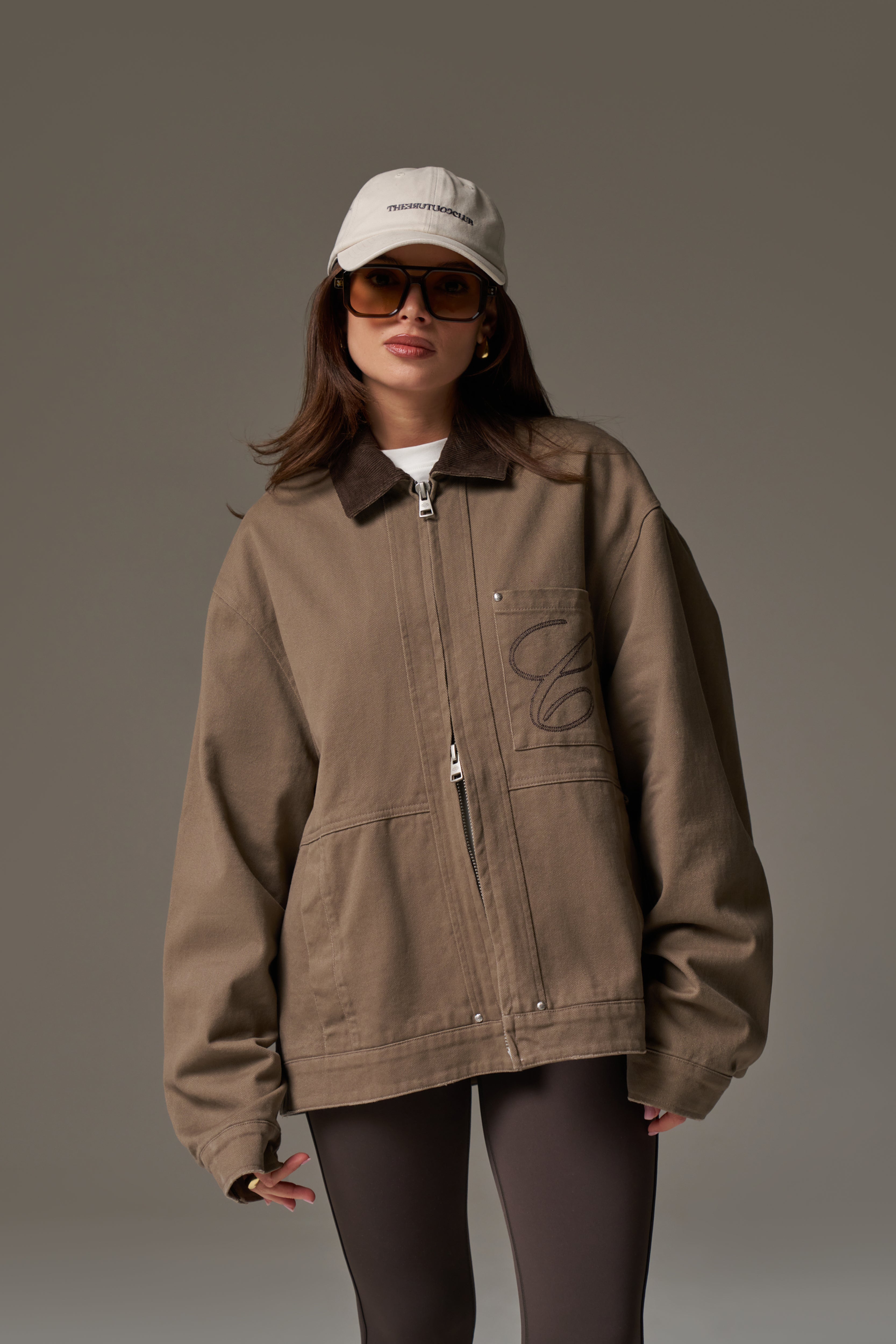 TWILL CONTRAST COLLAR JACKET - WASHED BROWN