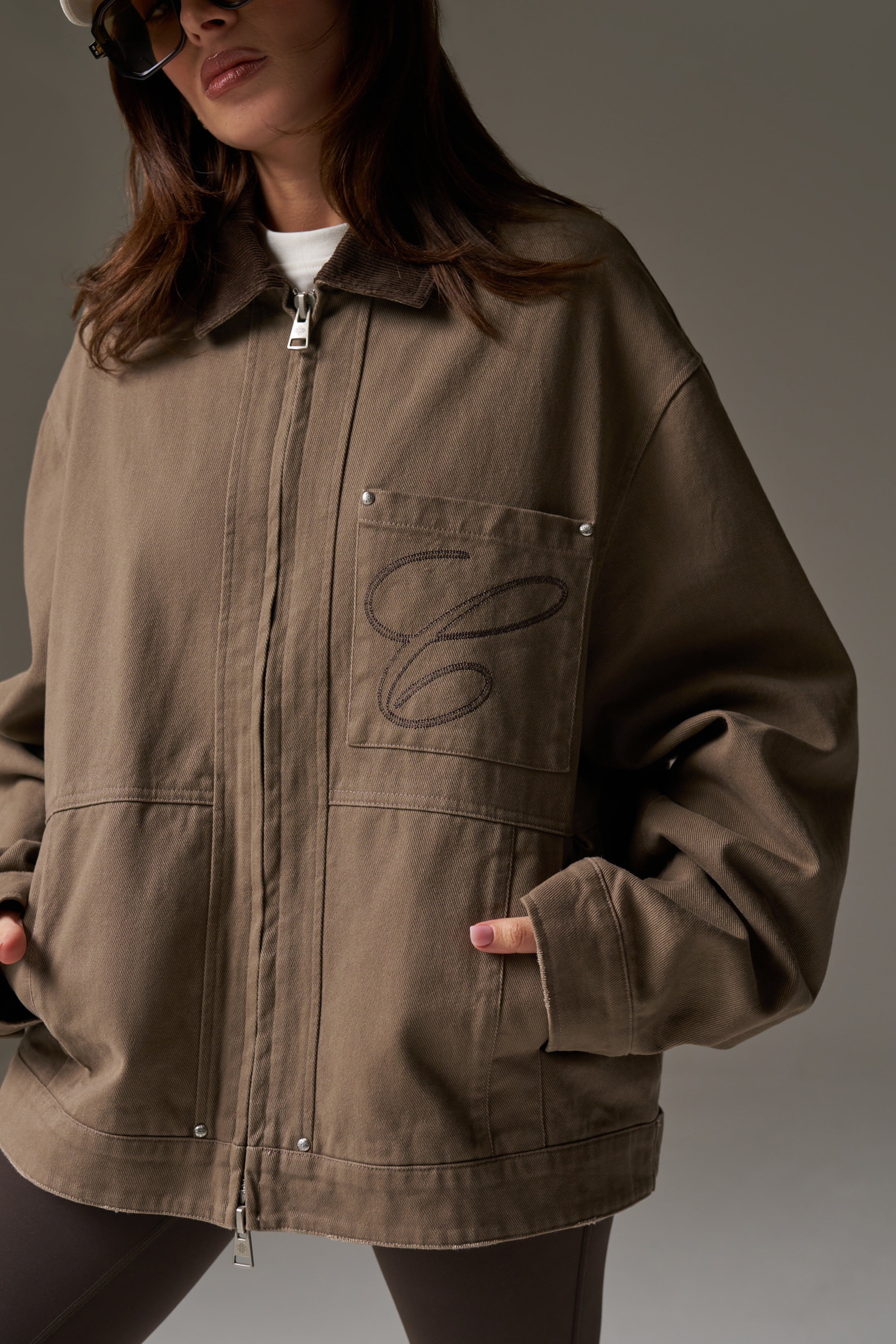 TWILL CONTRAST COLLAR JACKET - WASHED BROWN