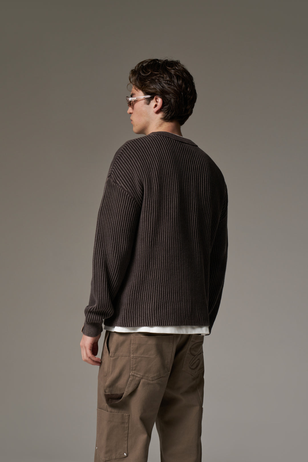 HEAVY WASHED RIBBED KNIT CREW - BROWN – The Couture Club