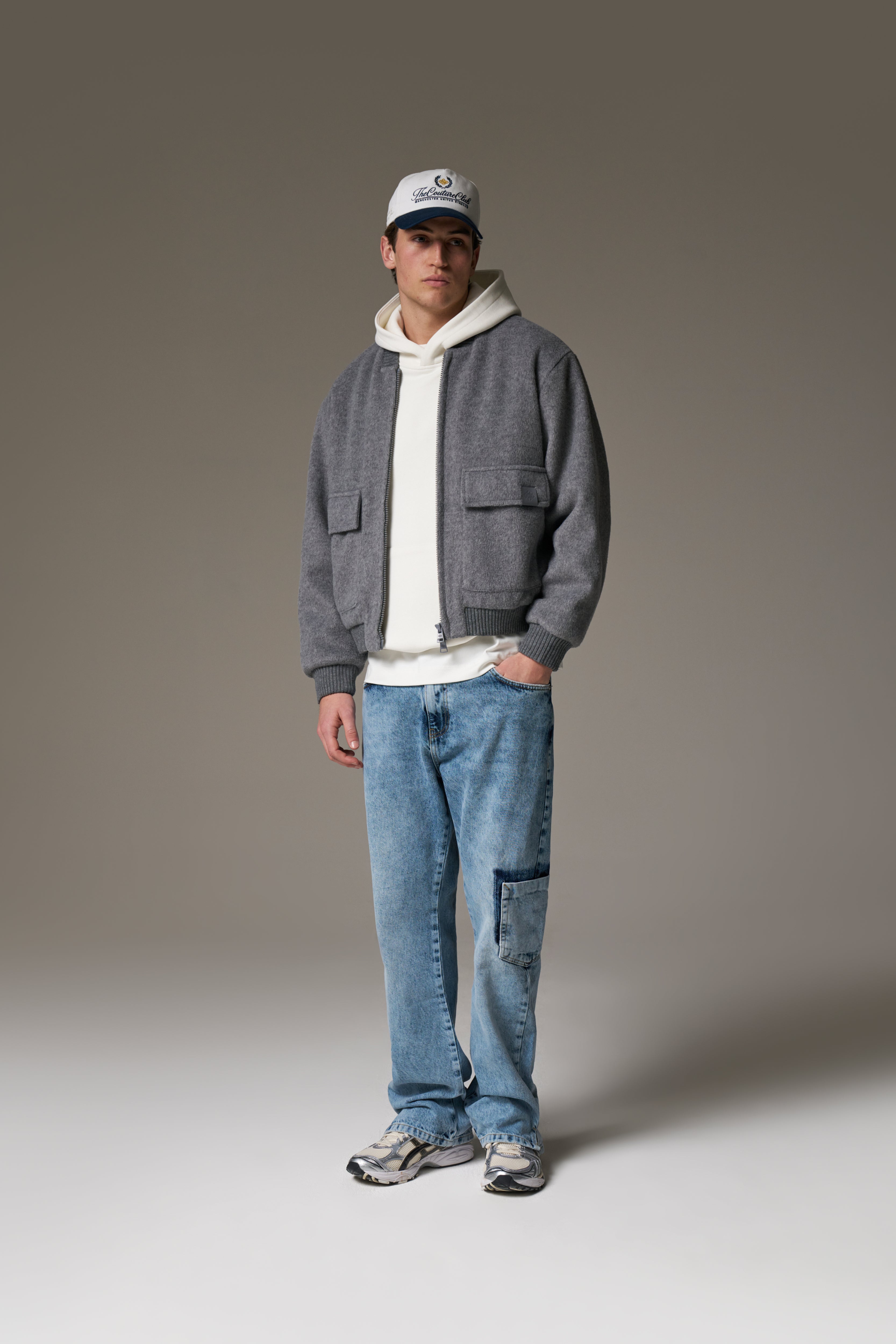 WOOL BLEND BOMBER JACKET - GREY MARL