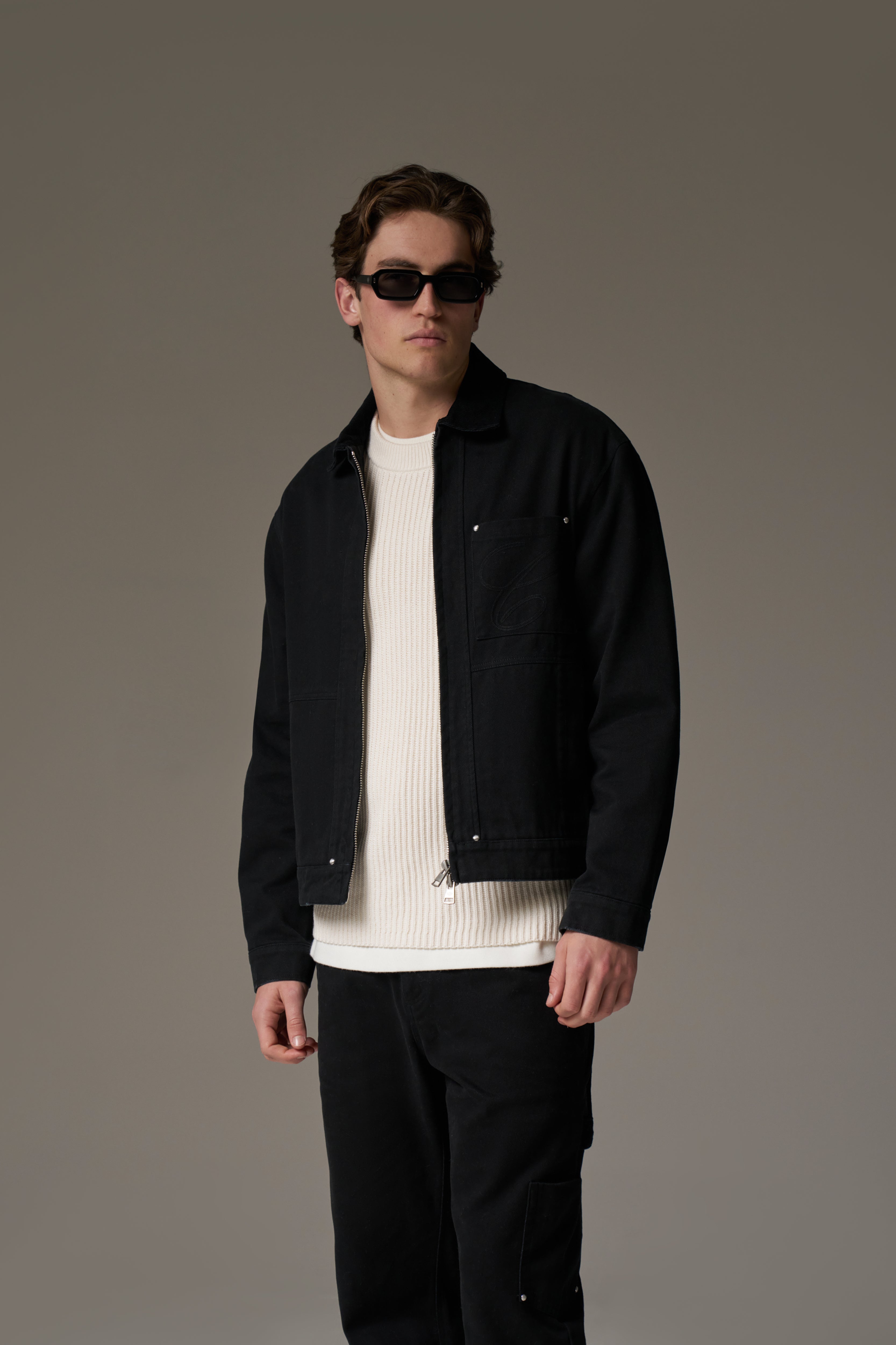TWILL CONTRAST COLLAR JACKET - WASHED BLACK