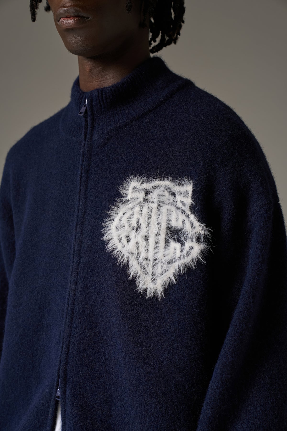 MONOGRAM FLUFFY KNIT ZIP THROUGH - NAVY