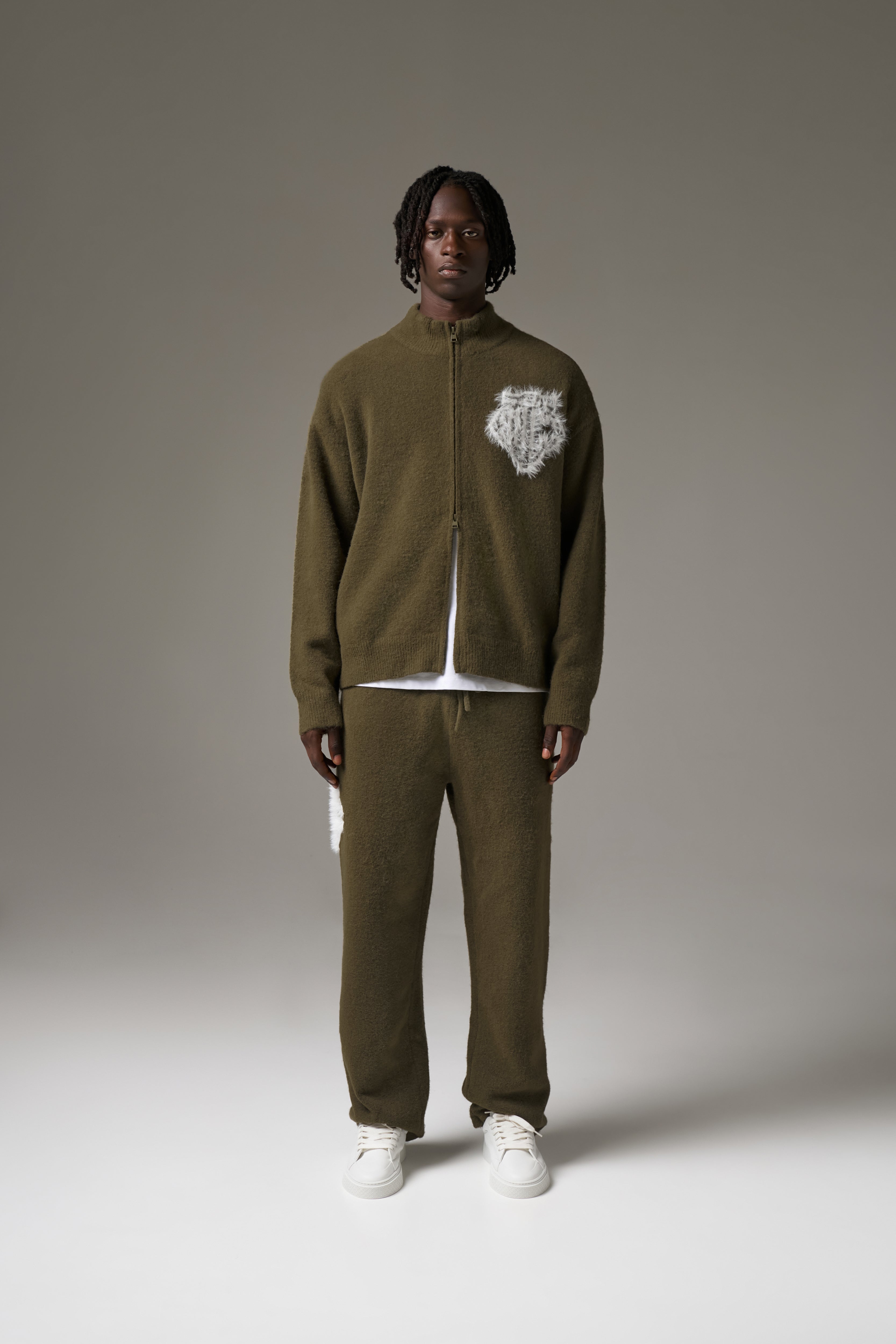 MONOGRAM FLUFFY KNIT ZIP THROUGH - KHAKI