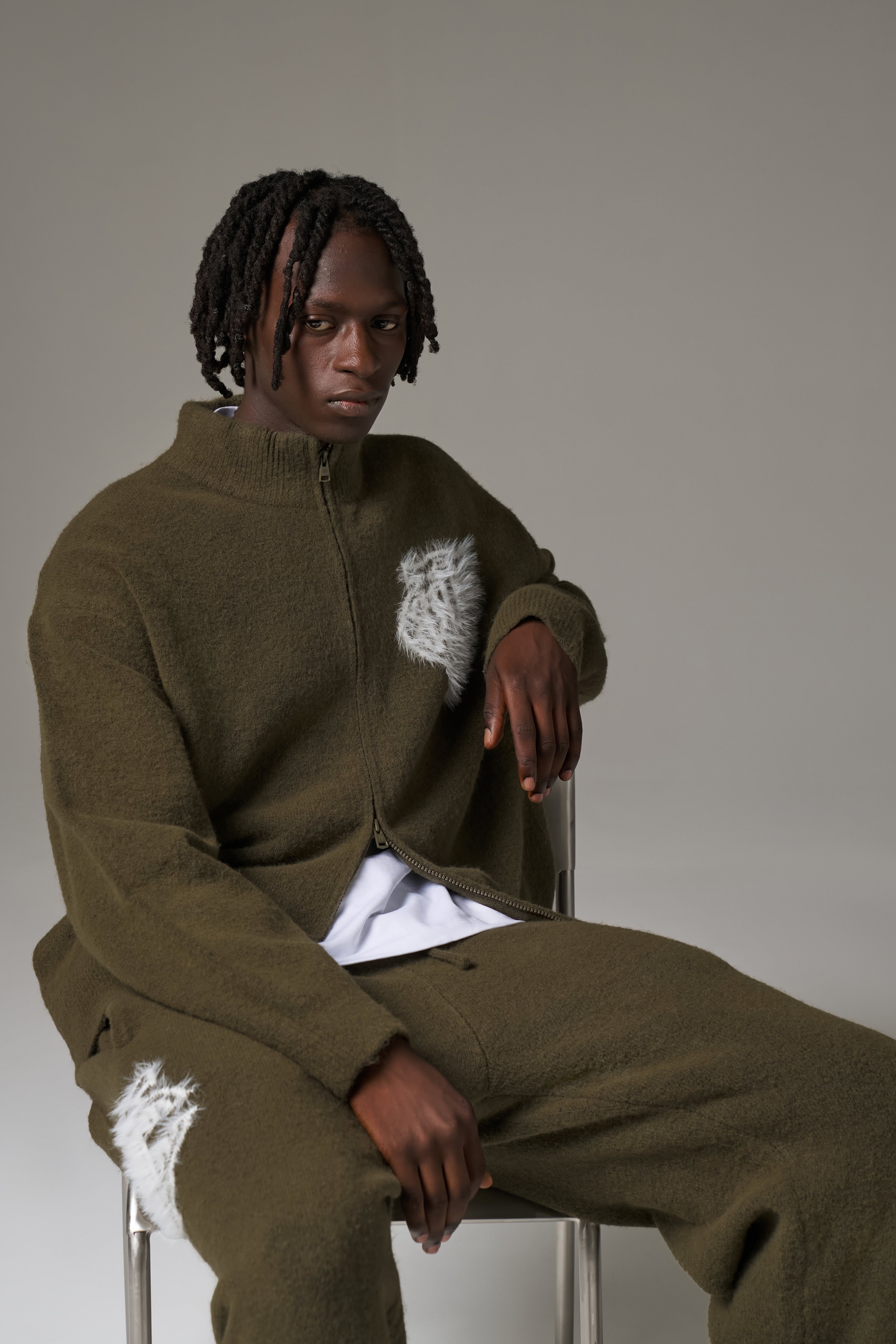 MONOGRAM FLUFFY KNIT ZIP THROUGH - KHAKI
