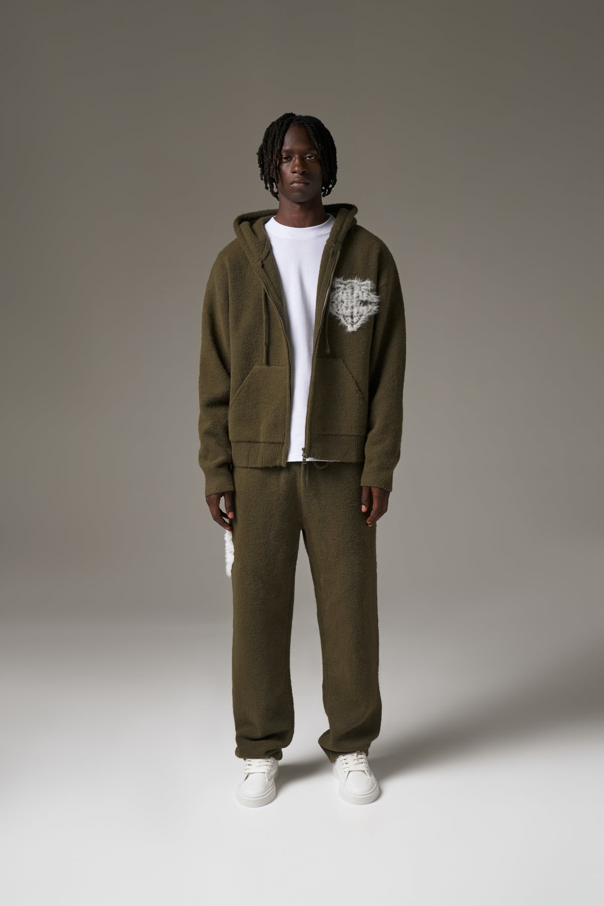 MONOGRAM FLUFFY KNIT ZIP THROUGH HOODIE - KHAKI