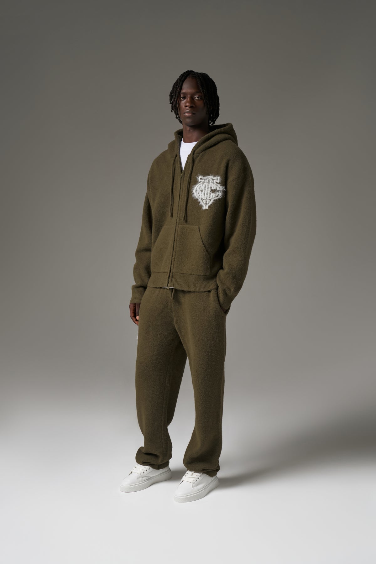MONOGRAM FLUFFY KNIT ZIP THROUGH HOODIE - KHAKI