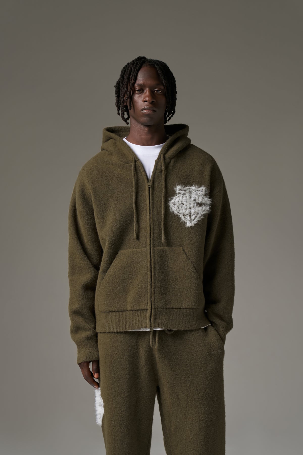 MONOGRAM FLUFFY KNIT ZIP THROUGH HOODIE - KHAKI