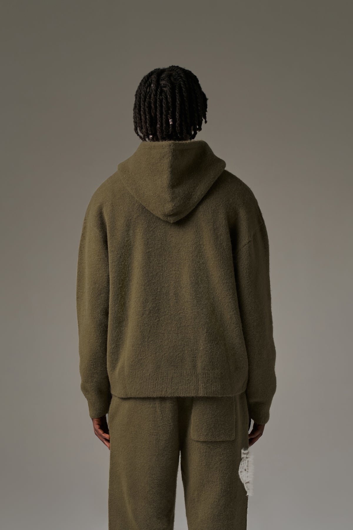 MONOGRAM FLUFFY KNIT ZIP THROUGH HOODIE - KHAKI