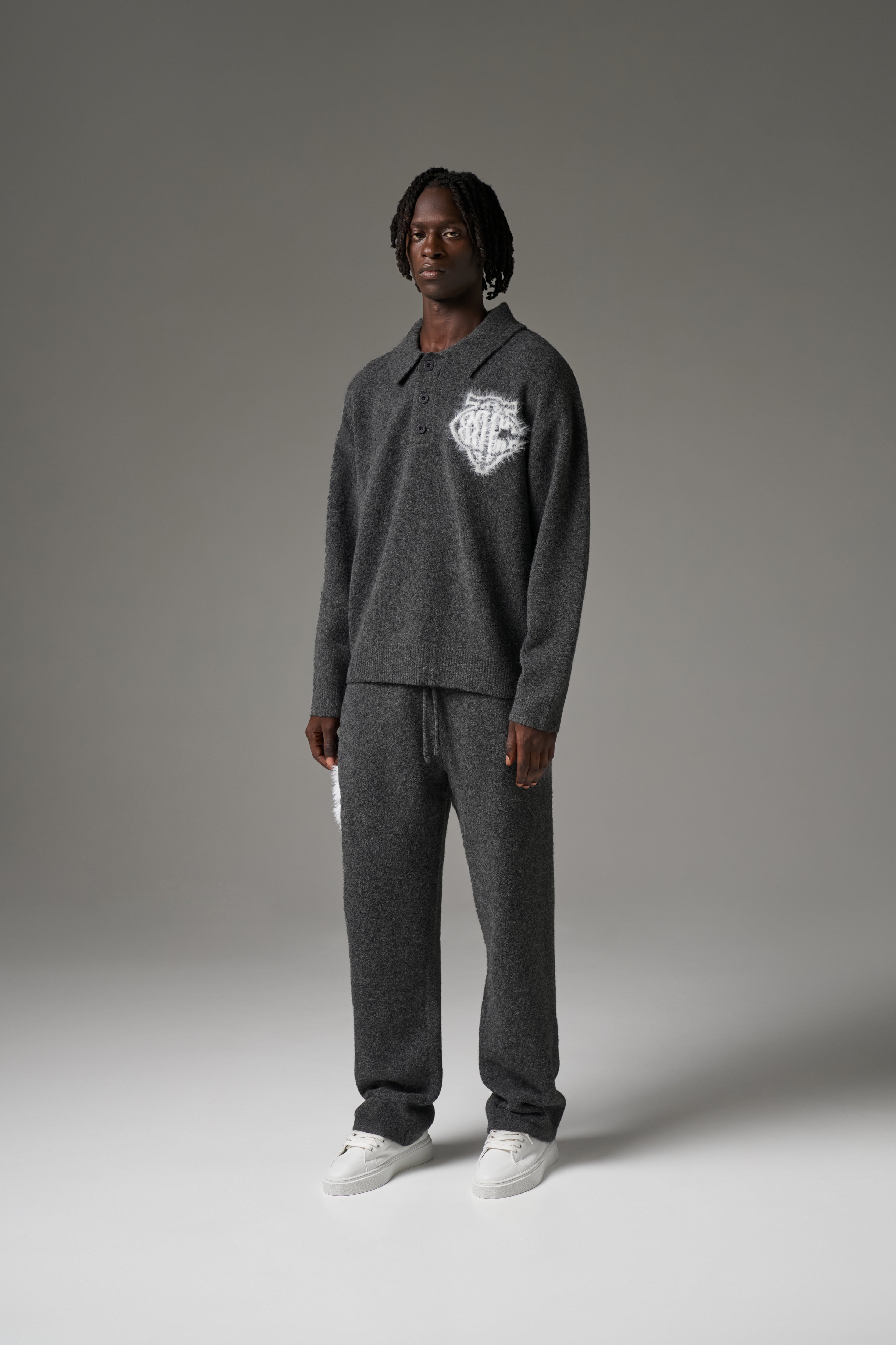 MONOGRAM FLUFFY KNIT POLO - CHARCOAL