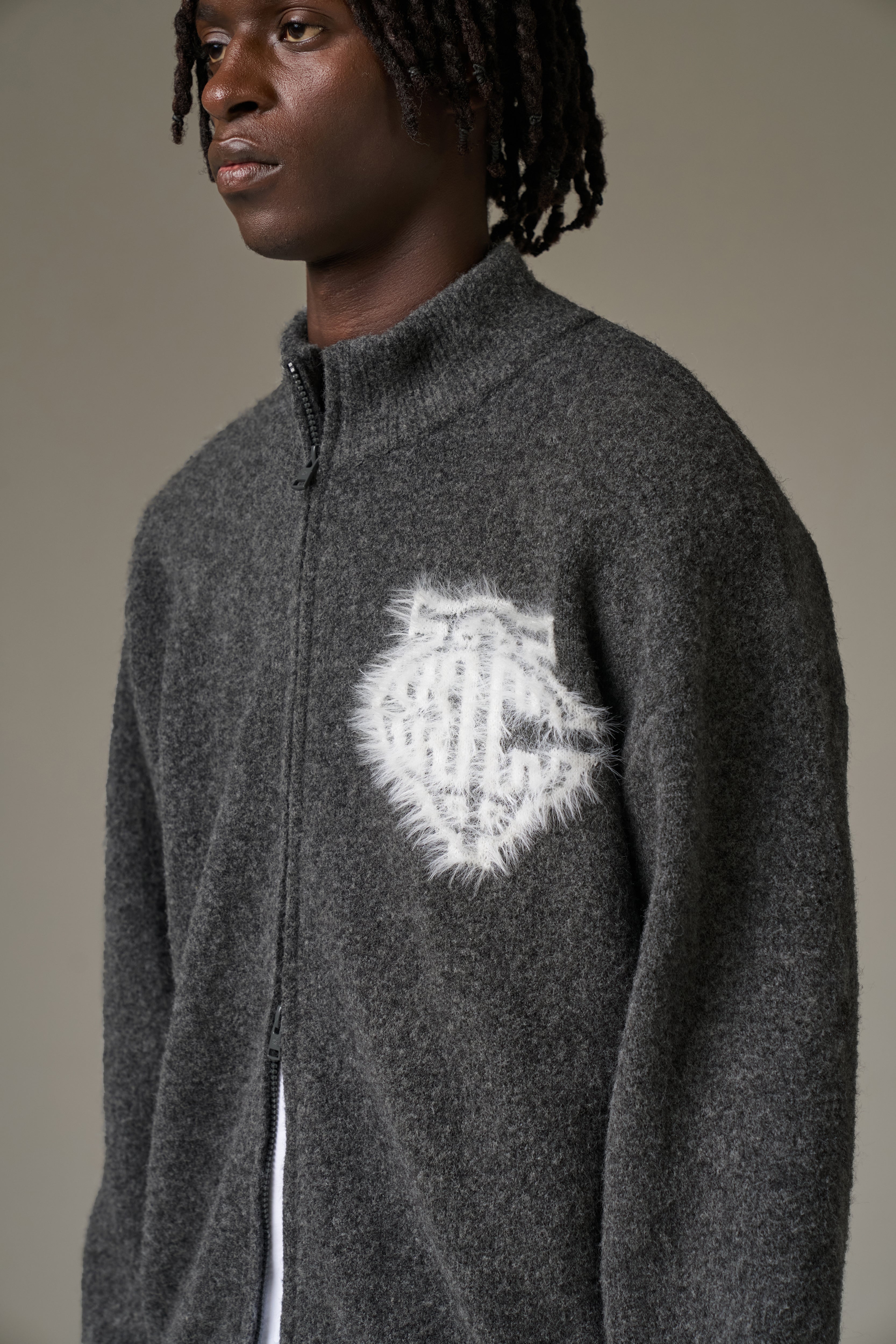 MONOGRAM FLUFFY KNIT ZIP THROUGH - CHARCOAL