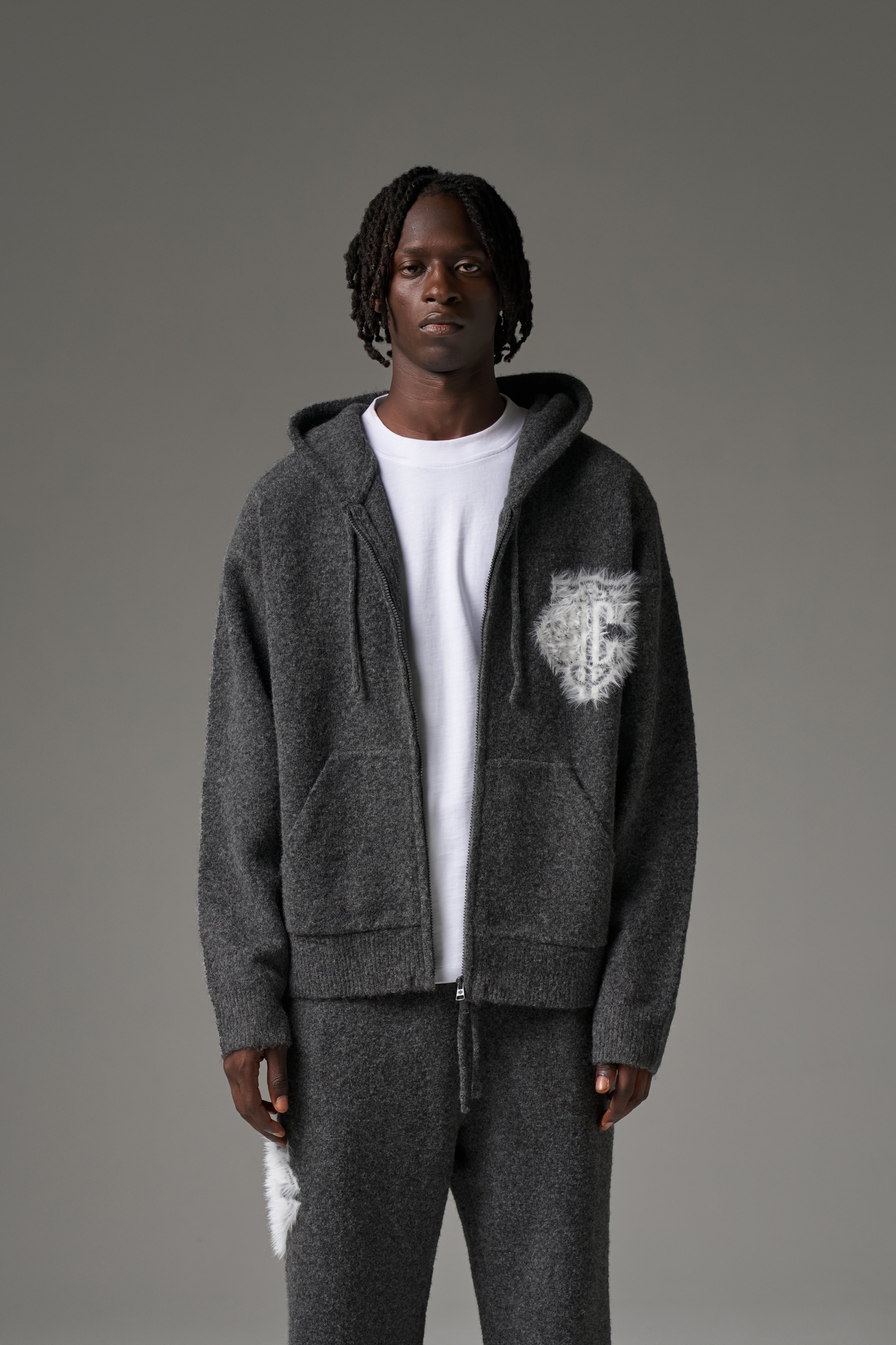 MONOGRAM FLUFFY KNIT ZIP THROUGH HOODIE - CHARCOAL | The Couture Club