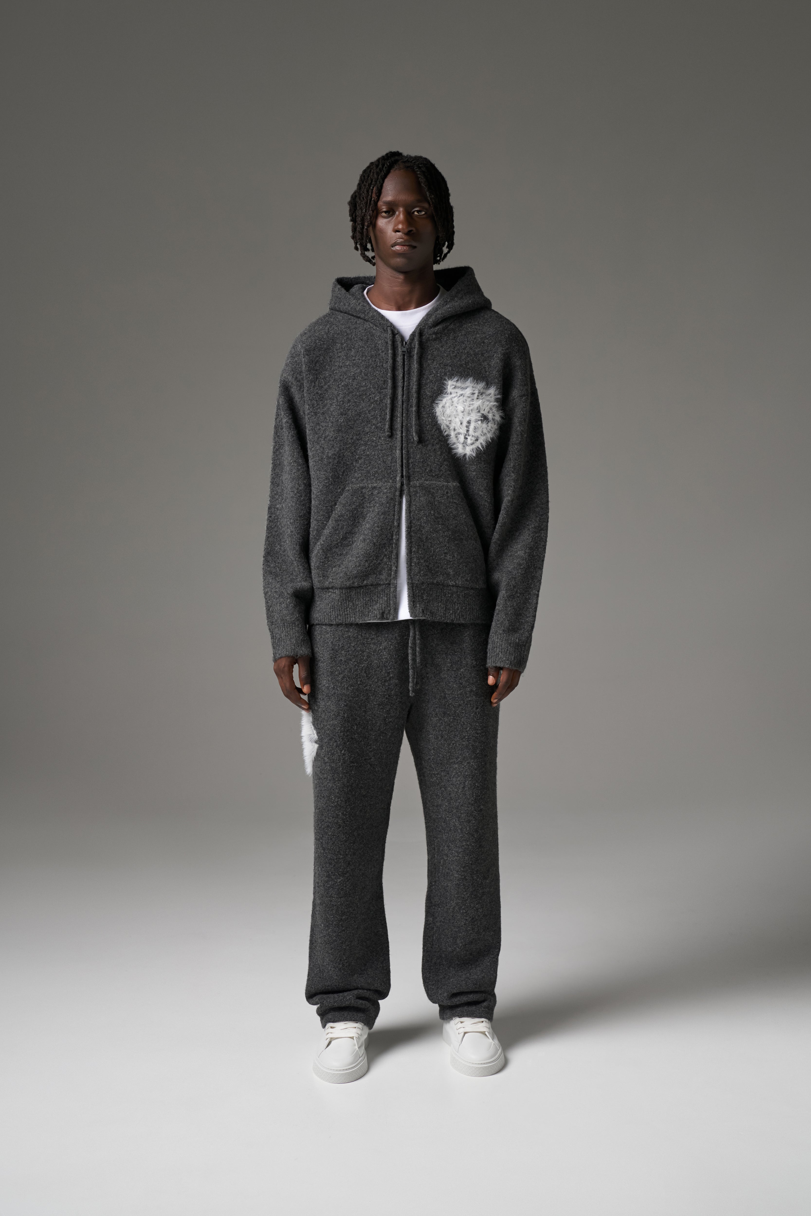 MONOGRAM FLUFFY KNIT ZIP THROUGH HOODIE - CHARCOAL