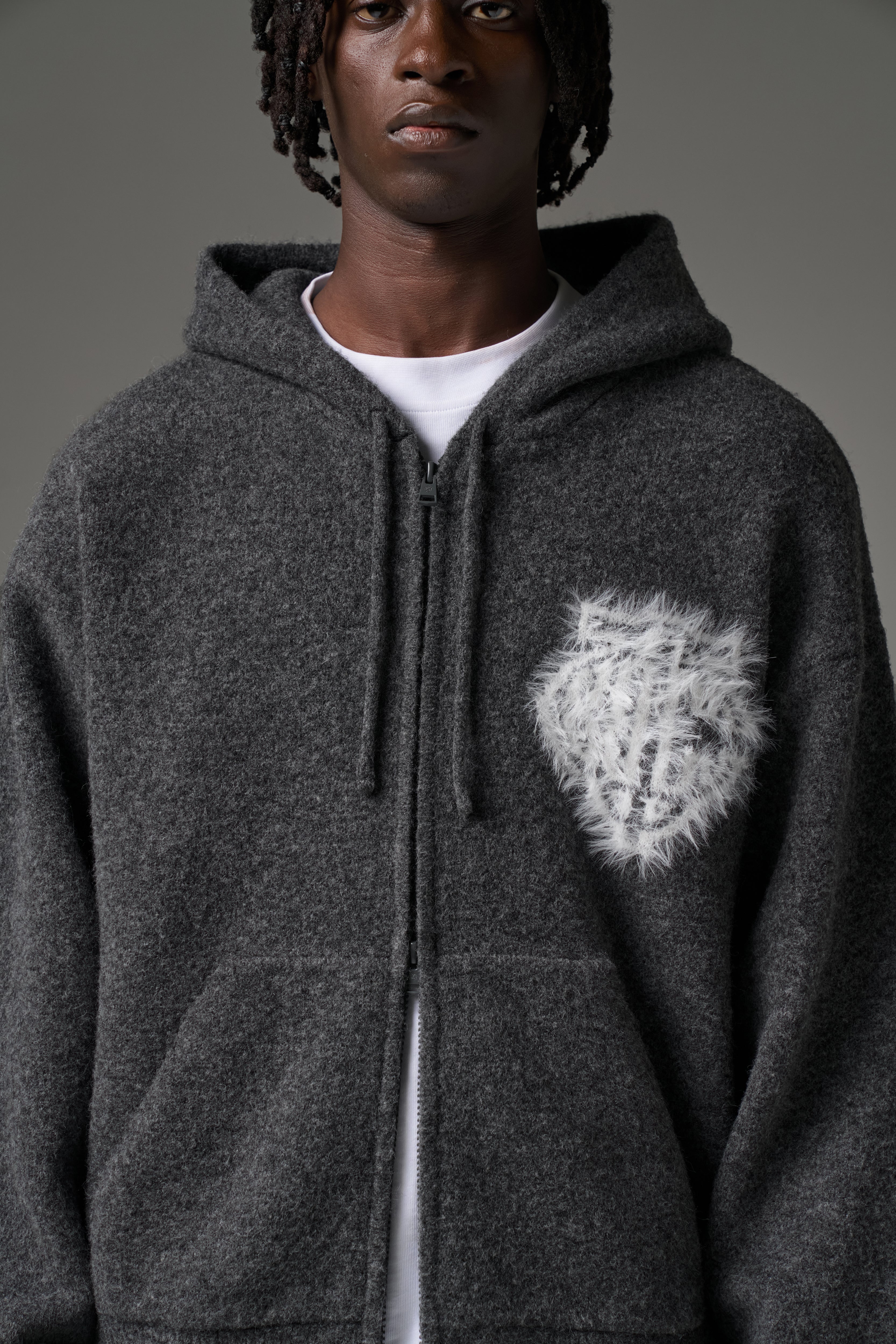 MONOGRAM FLUFFY KNIT ZIP THROUGH HOODIE - CHARCOAL