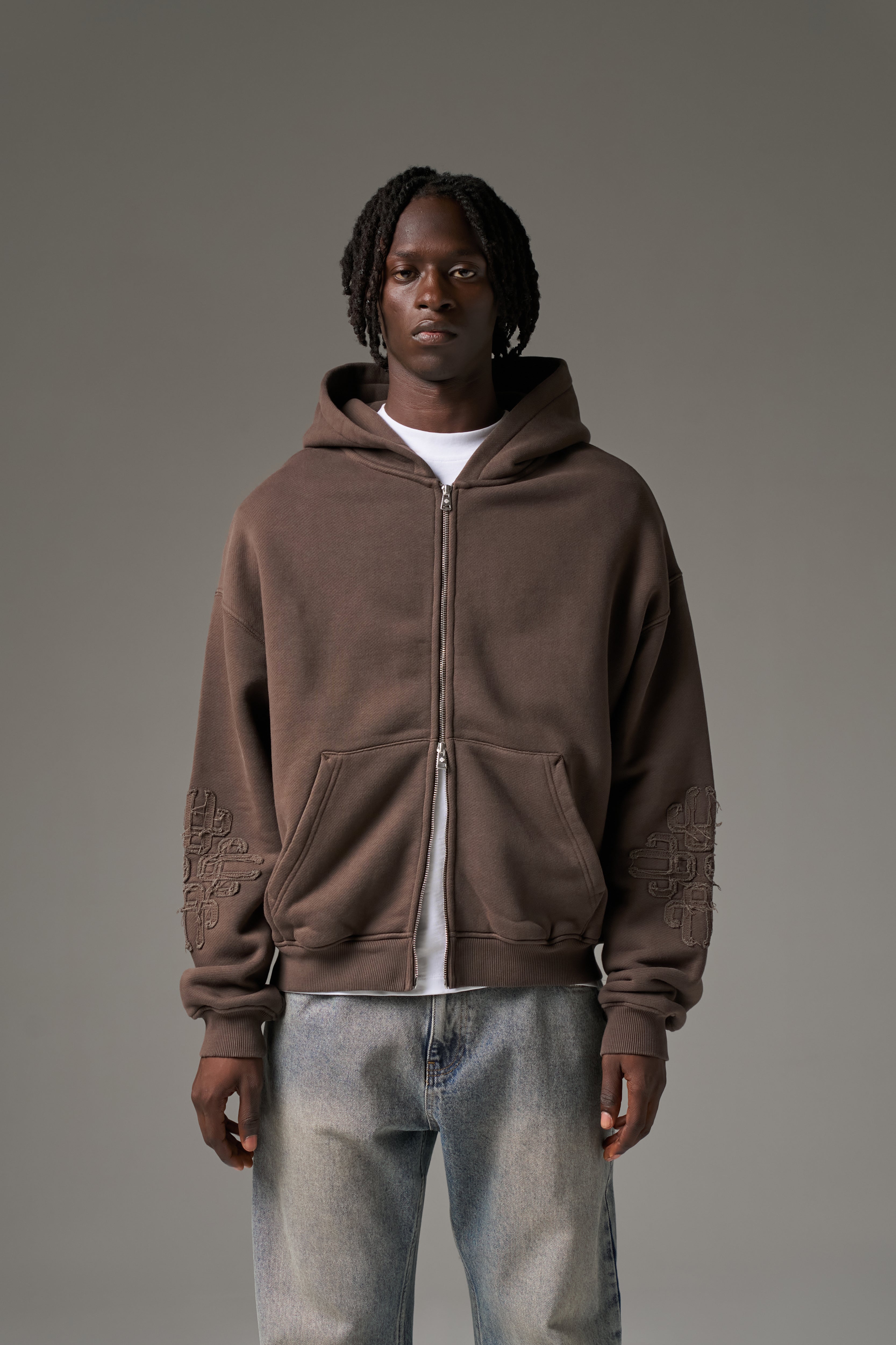 EMBLEM APPLIQUE ZIP THROUGH HOODIE - BROWN