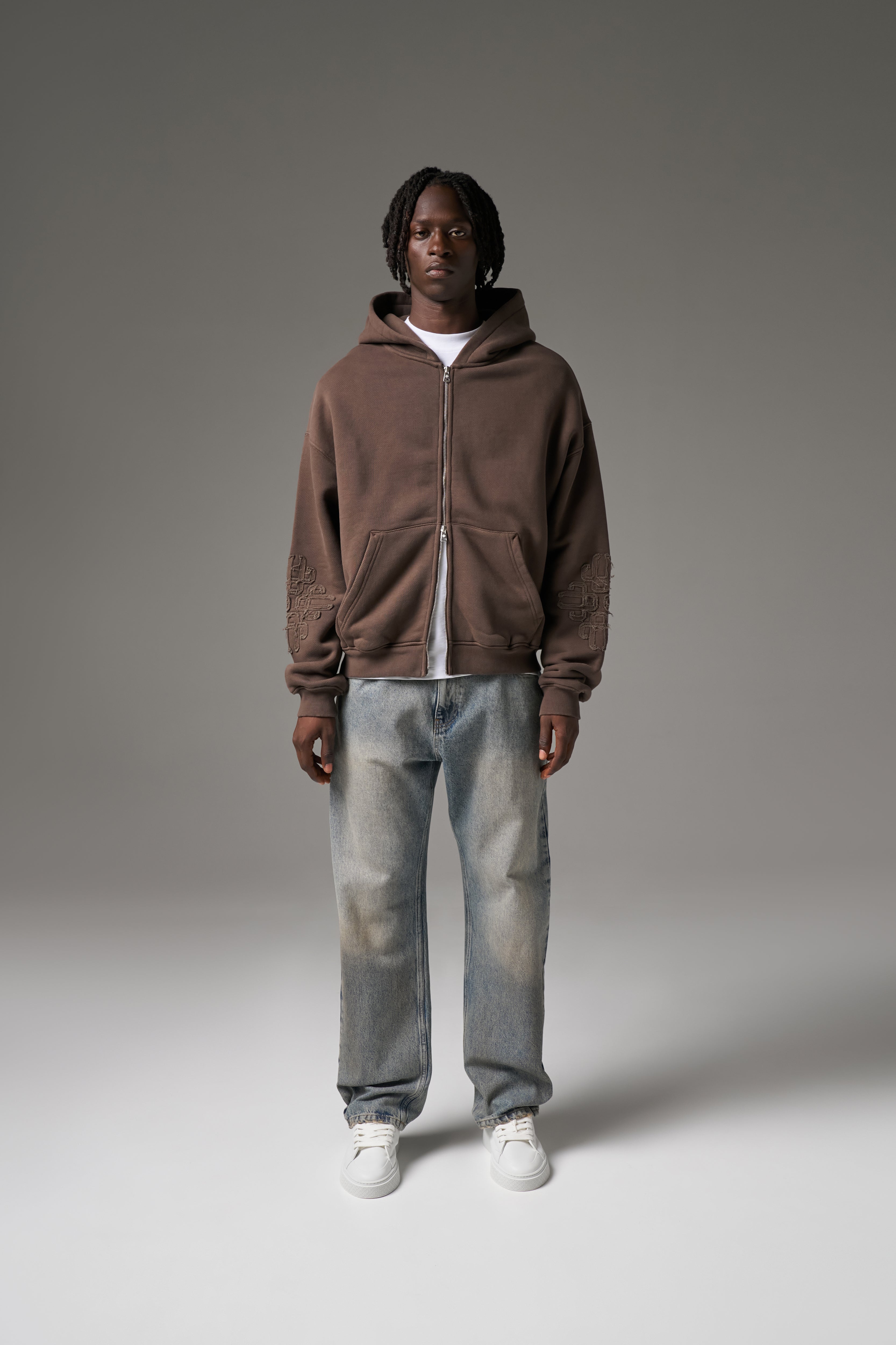 EMBLEM APPLIQUE ZIP THROUGH HOODIE - BROWN