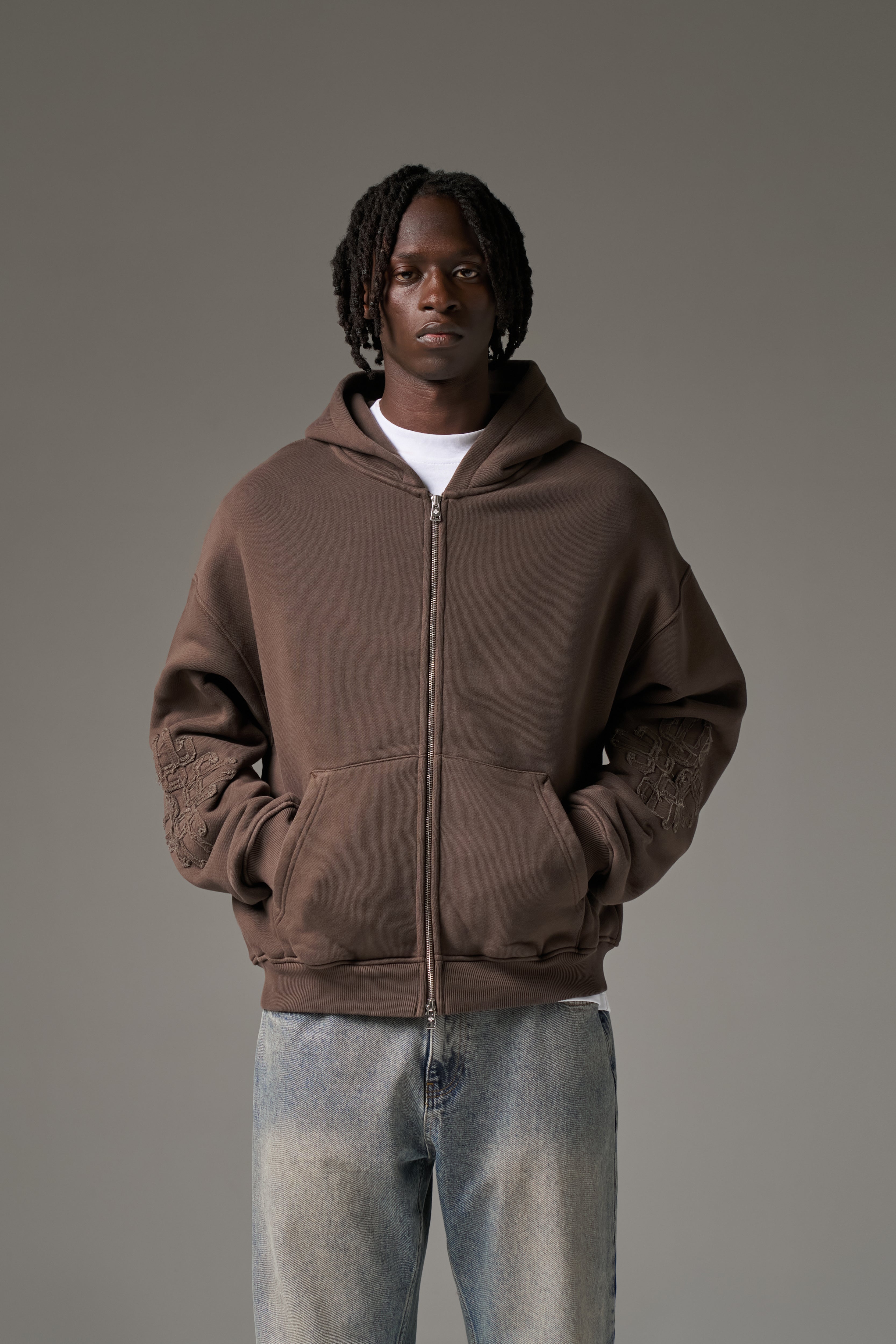EMBLEM APPLIQUE ZIP THROUGH HOODIE - BROWN