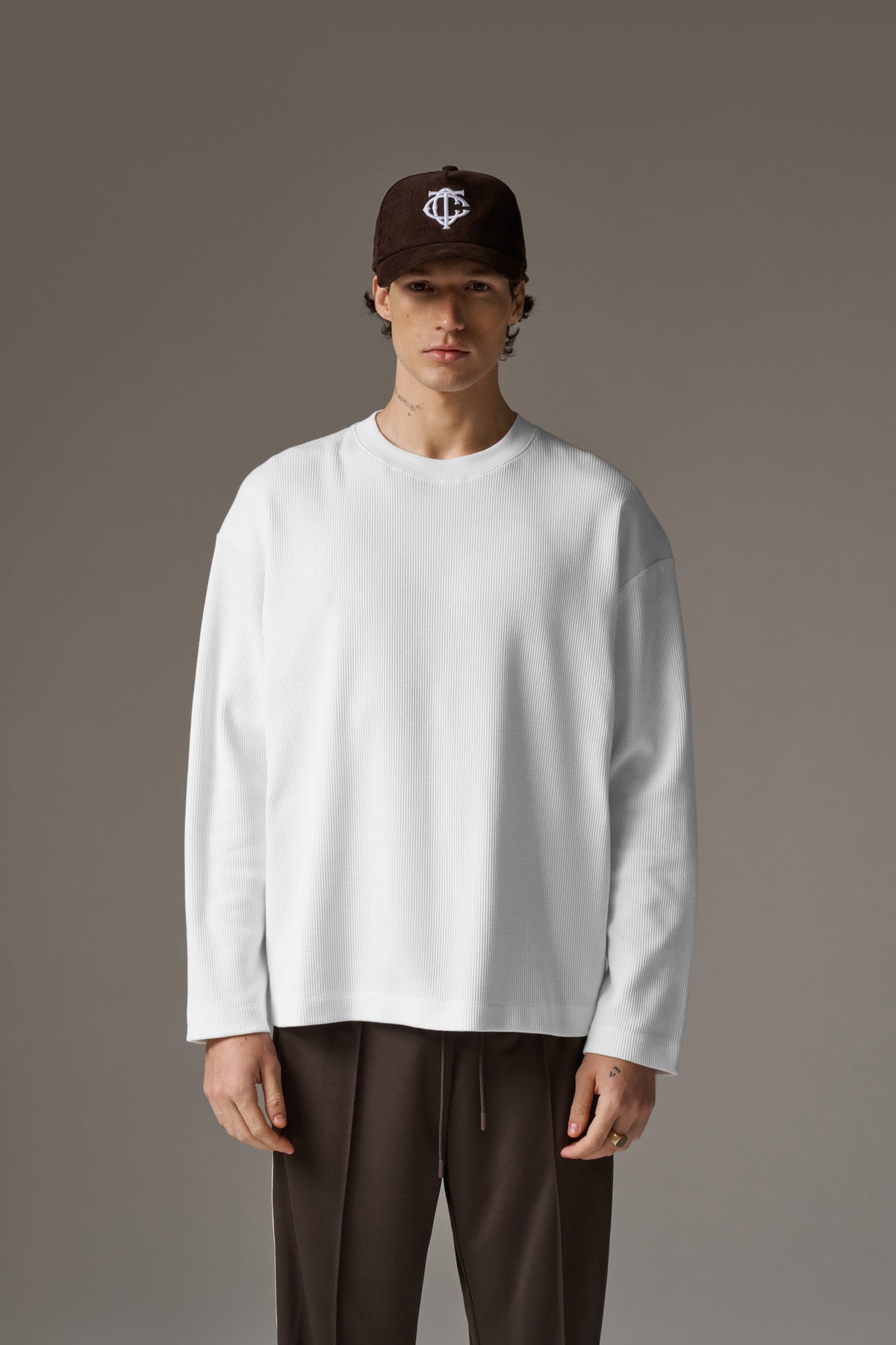 WAFFLE LONG SLEEVE T-SHIRT - WHITE