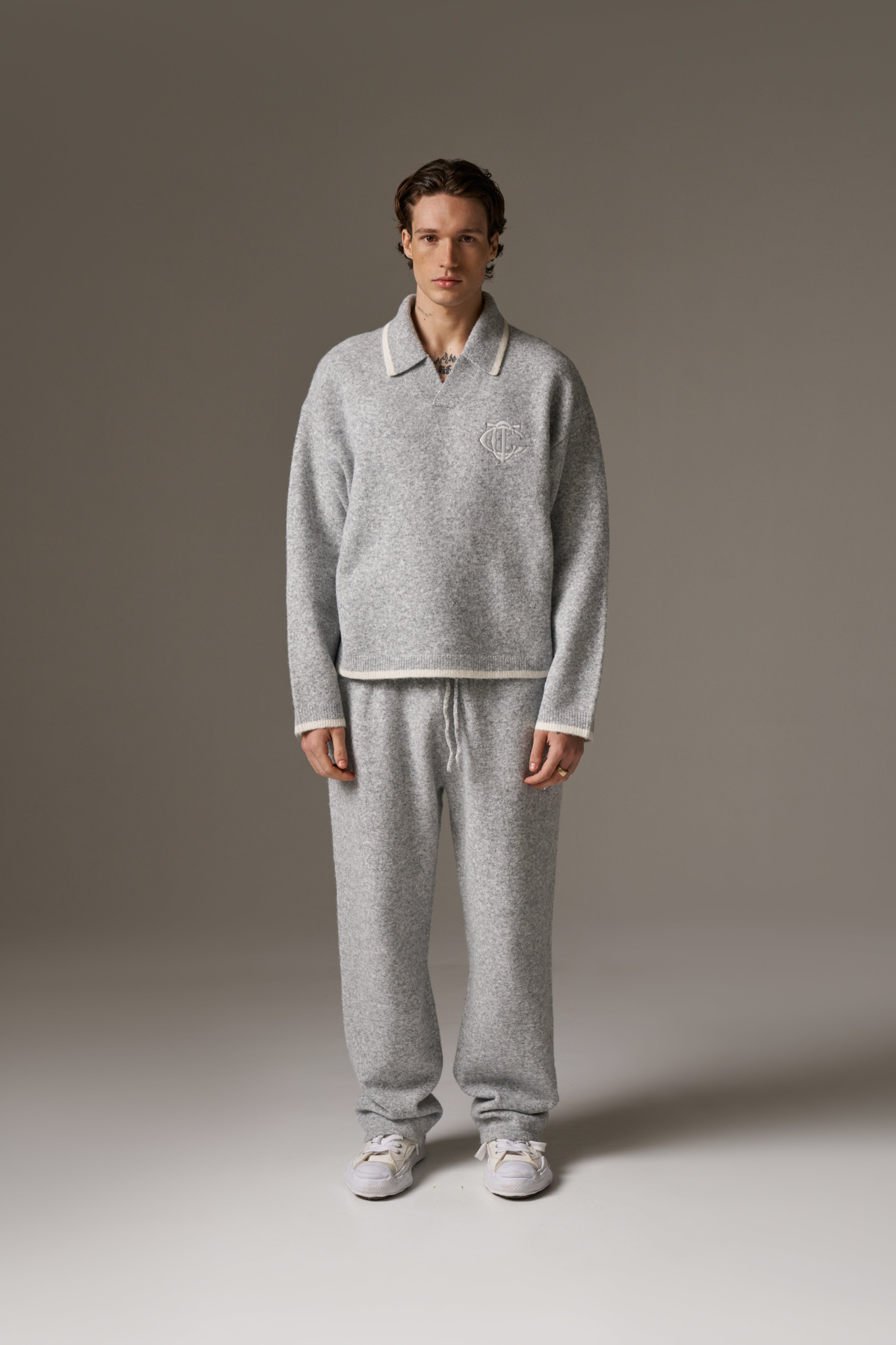 MONOGRAM KNITTED POLO TOP - GREY
