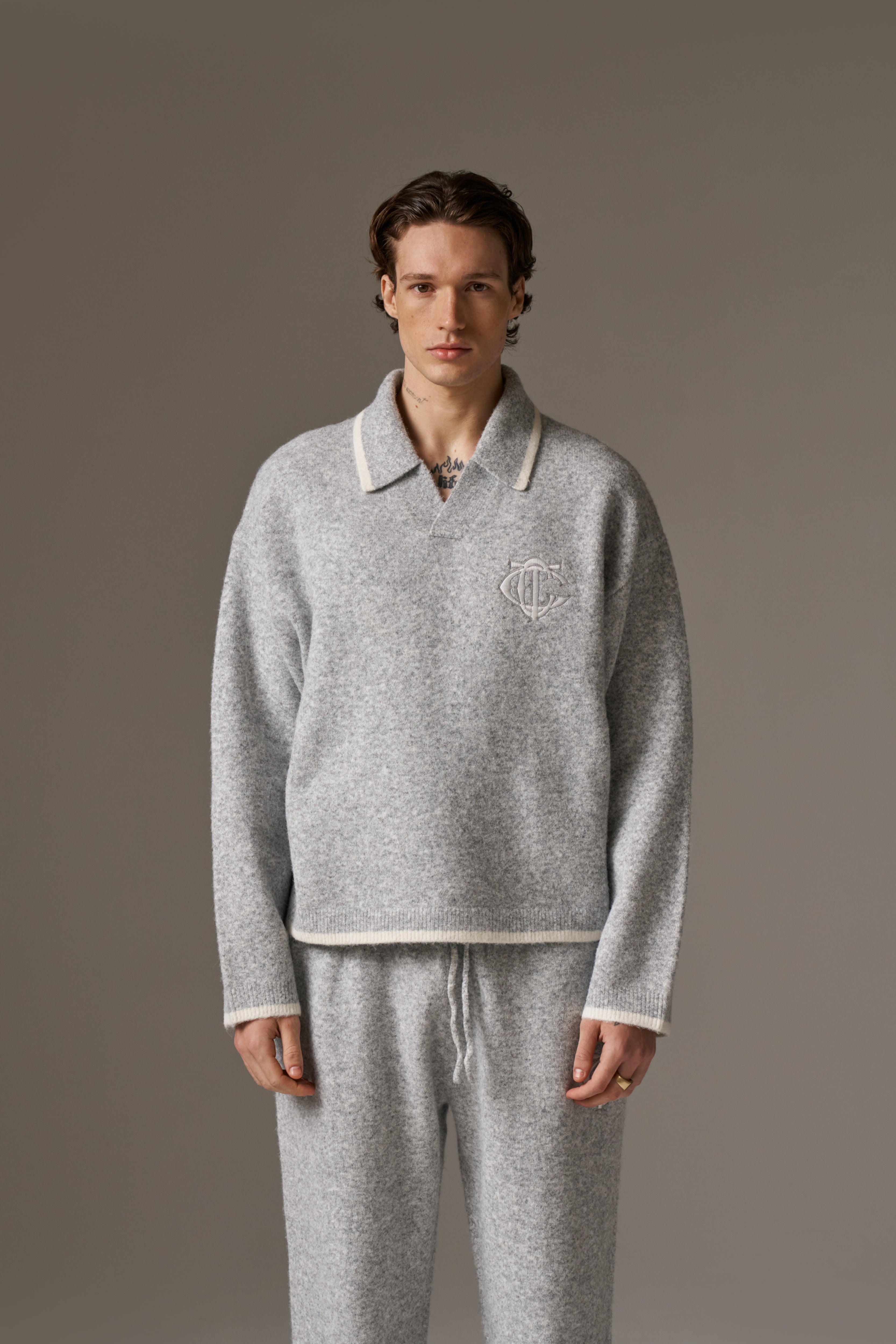 MONOGRAM KNITTED POLO TOP - GREY