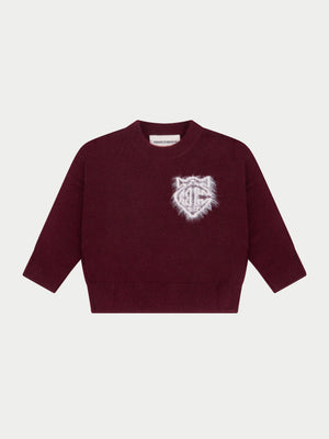 KIDS MONOGRAM FLUFFY KNIT CREW - BURGUNDY