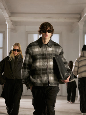 BRUSHED CHECK CONTRAST COLLAR JACKET - BLACK