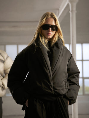 OVERSIZED COLLAR NYLON PUFFER COAT - BLACK