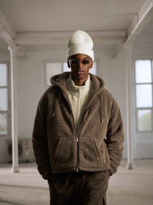 WASHED BORG ZIP THROUGH JACKET - BROWN