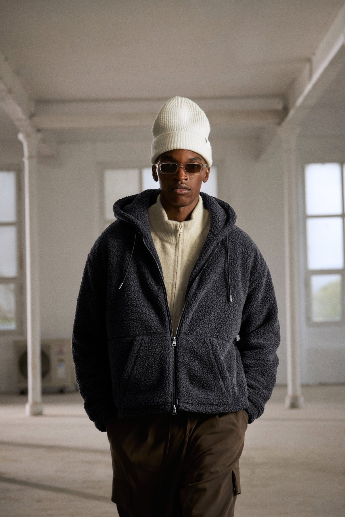WASHED BORG ZIP THROUGH JACKET - CHARCOAL